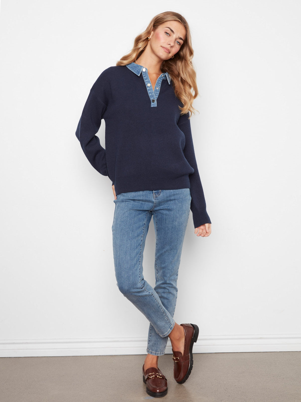 Denim Trim Polo Sweater - Navy