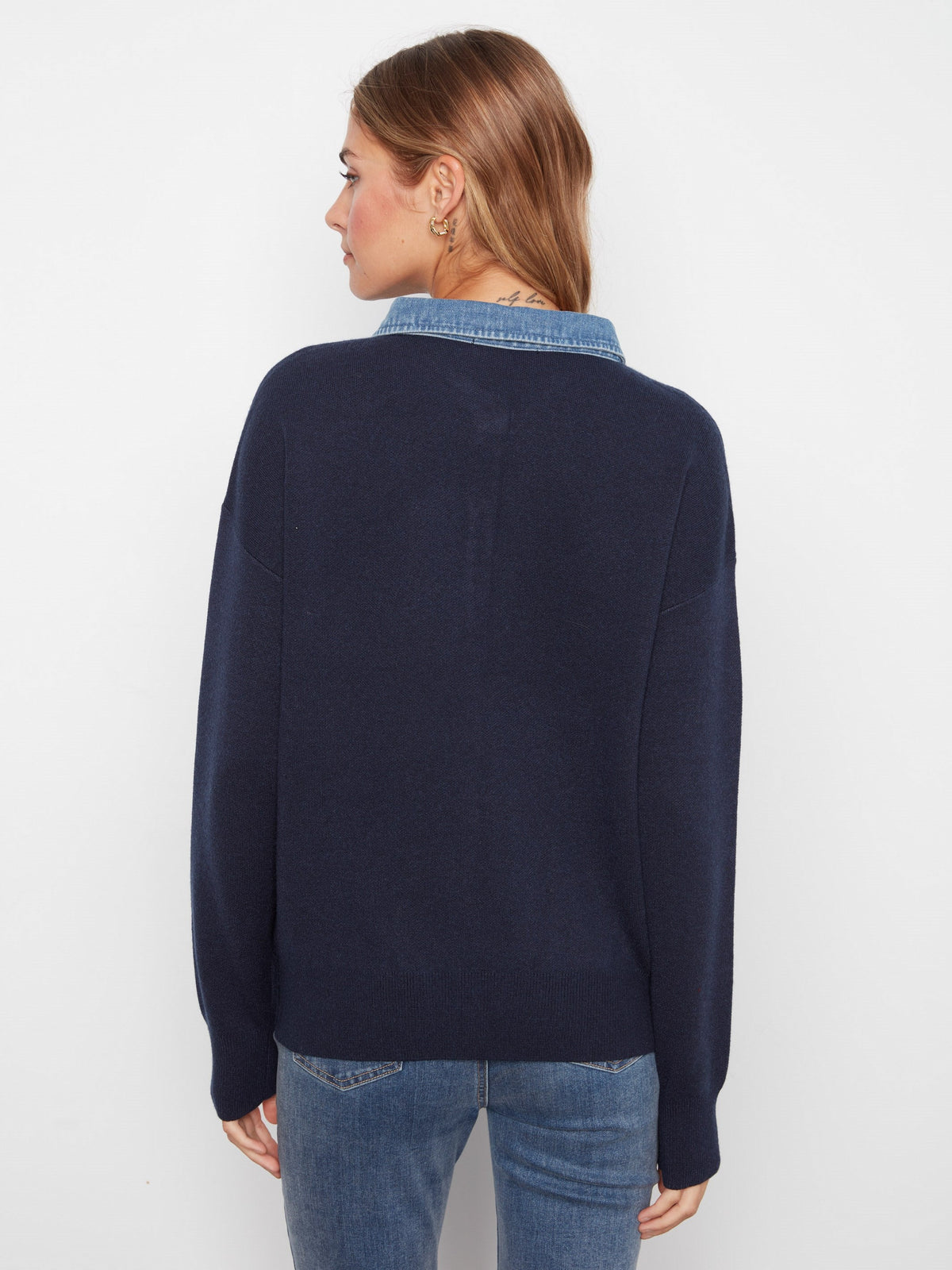 Denim Trim Polo Sweater - Navy