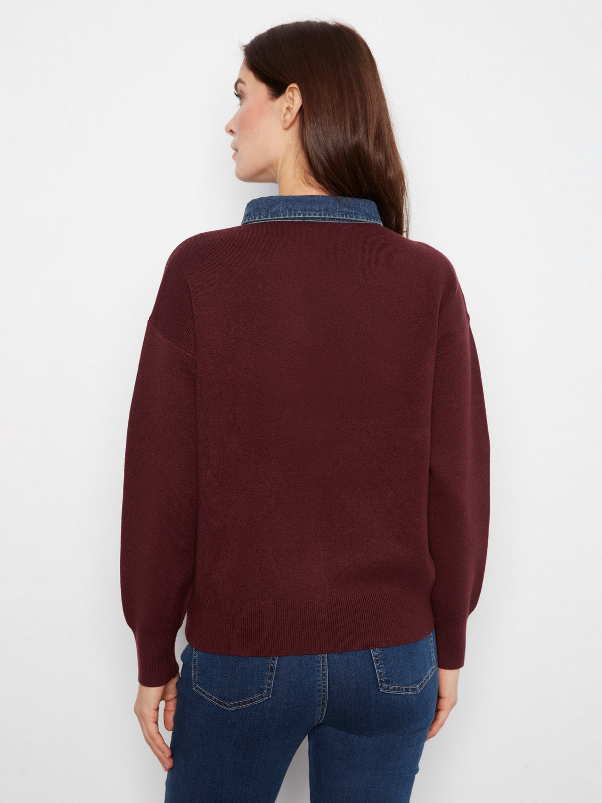Denim Trim Polo Sweater - Merlot