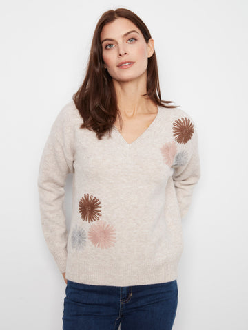 Drop Shoulder Embroidered V-Neck Sweater - Heather Oat