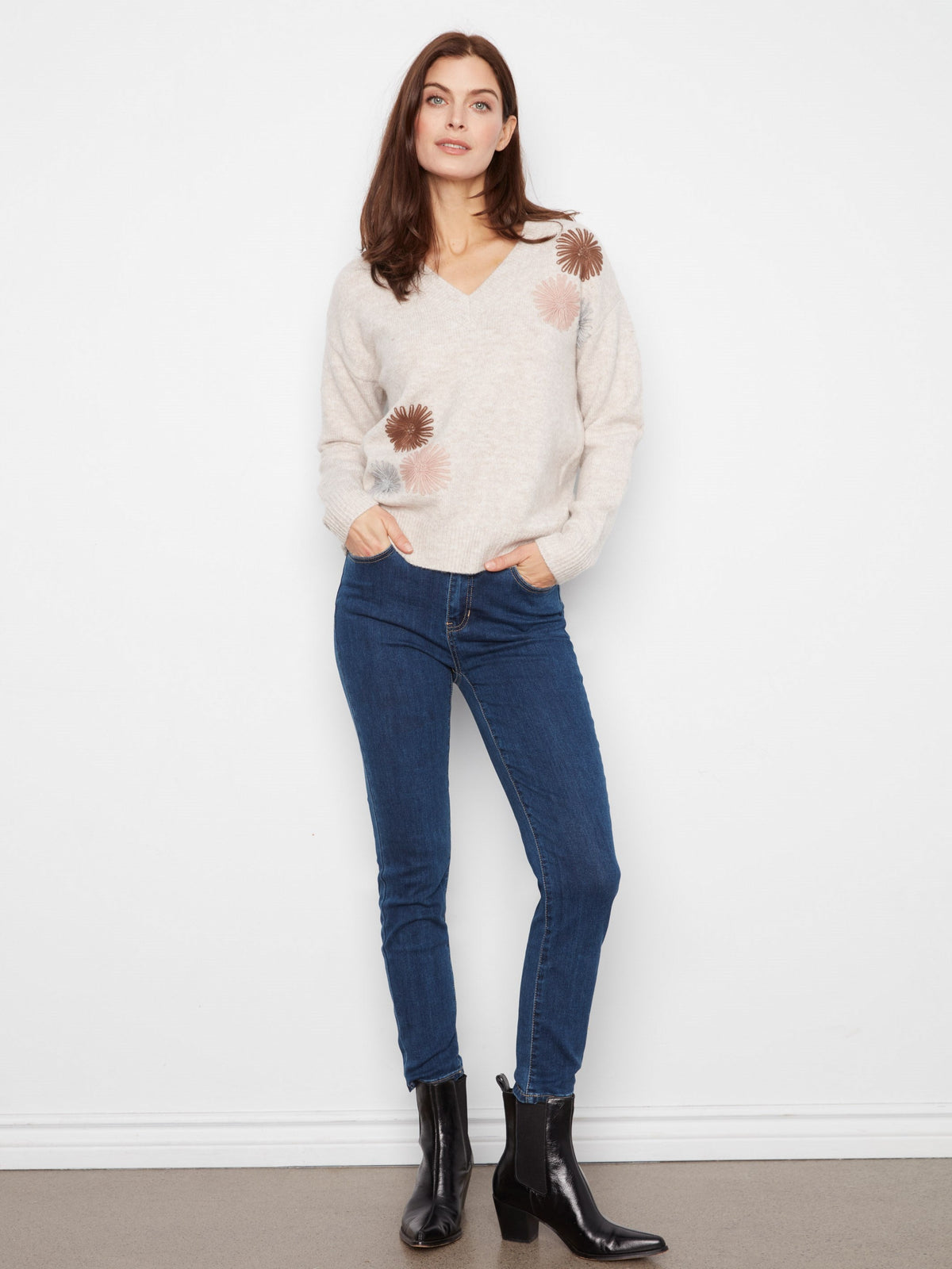 Drop Shoulder Embroidered V-Neck Sweater - Heather Oat
