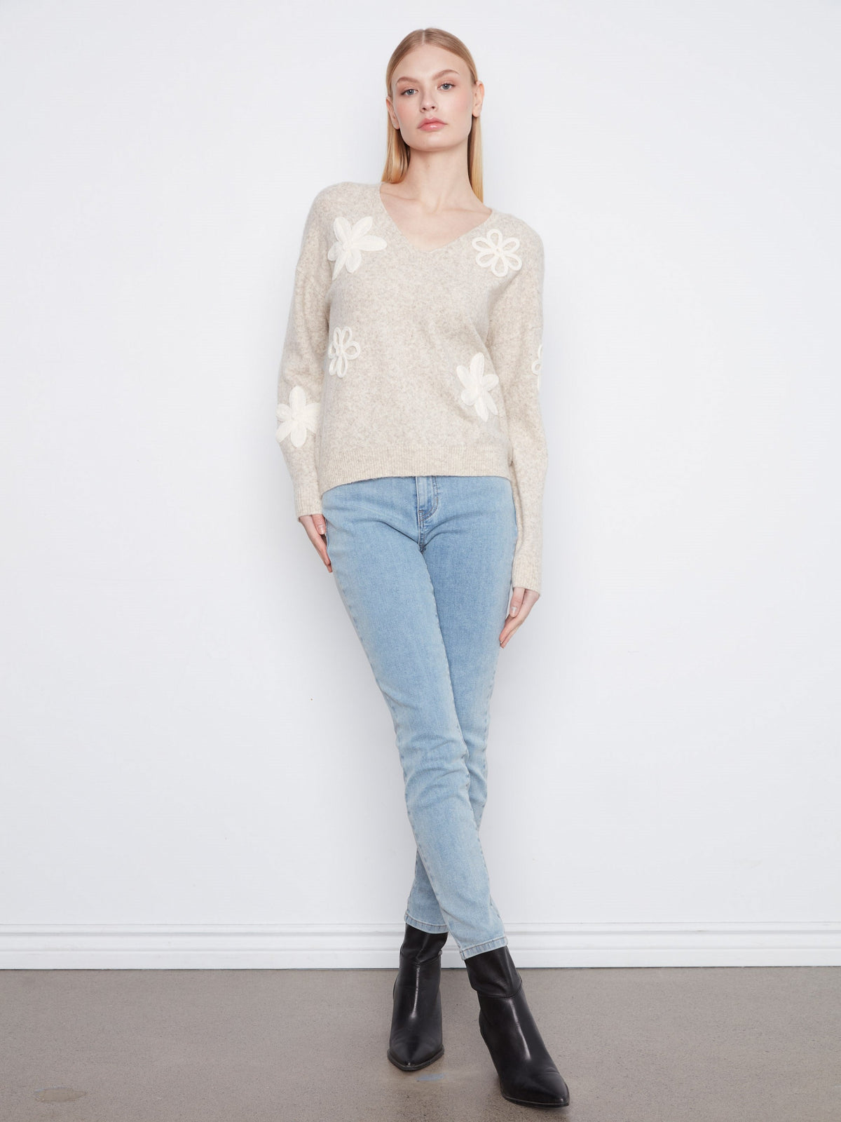 Floral Appliqué V-Neck Sweater - Heather Almond