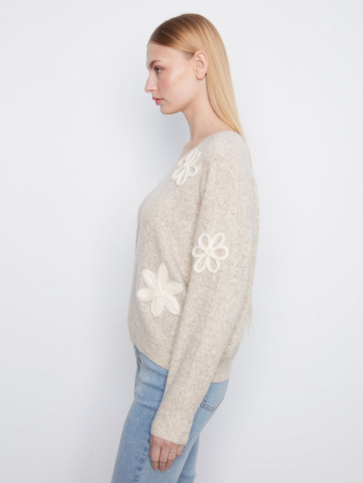 Floral Appliqué V-Neck Sweater - Heather Almond
