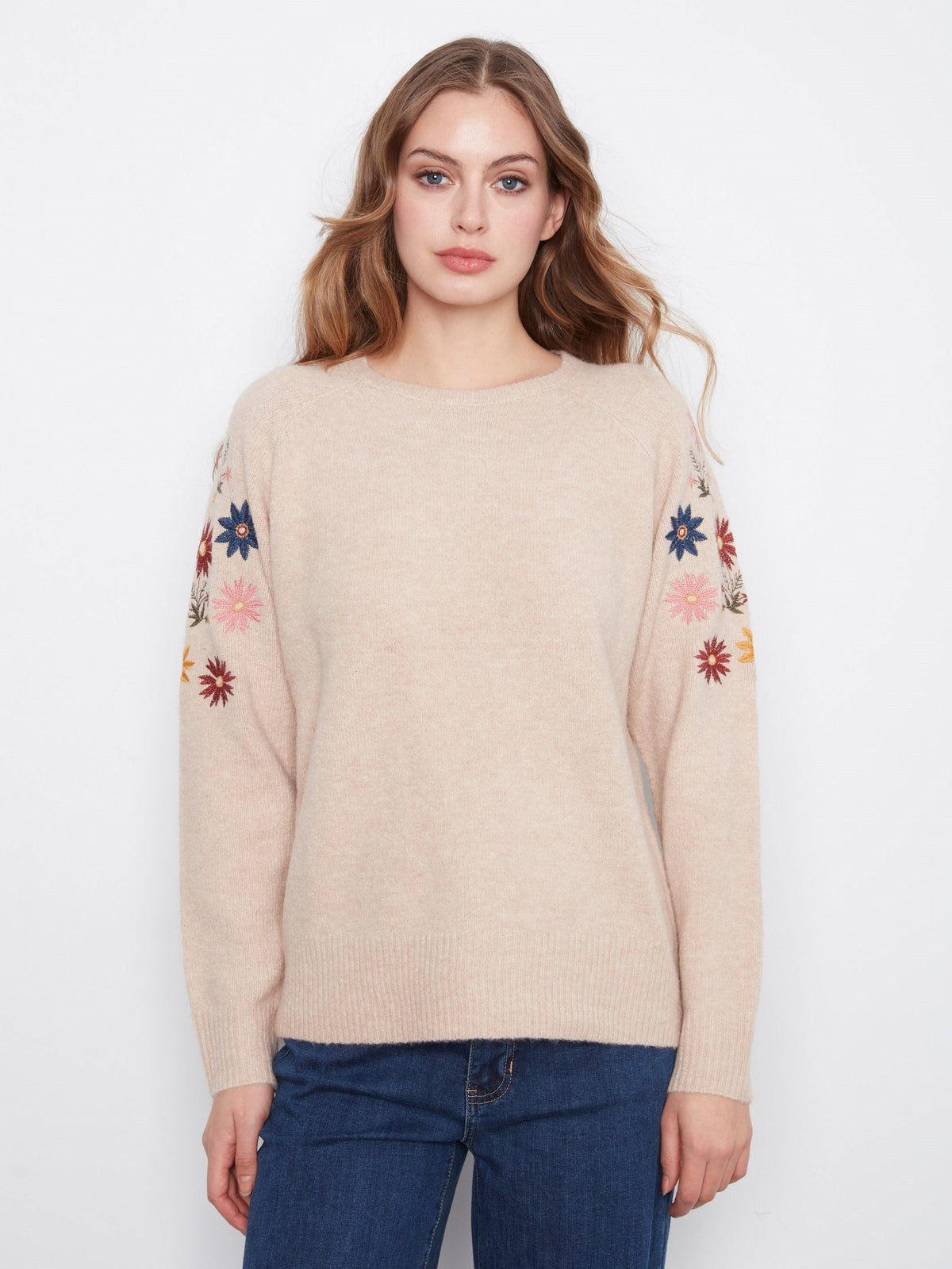 Floral Embroidered Raglan Sweater - Heather Almond