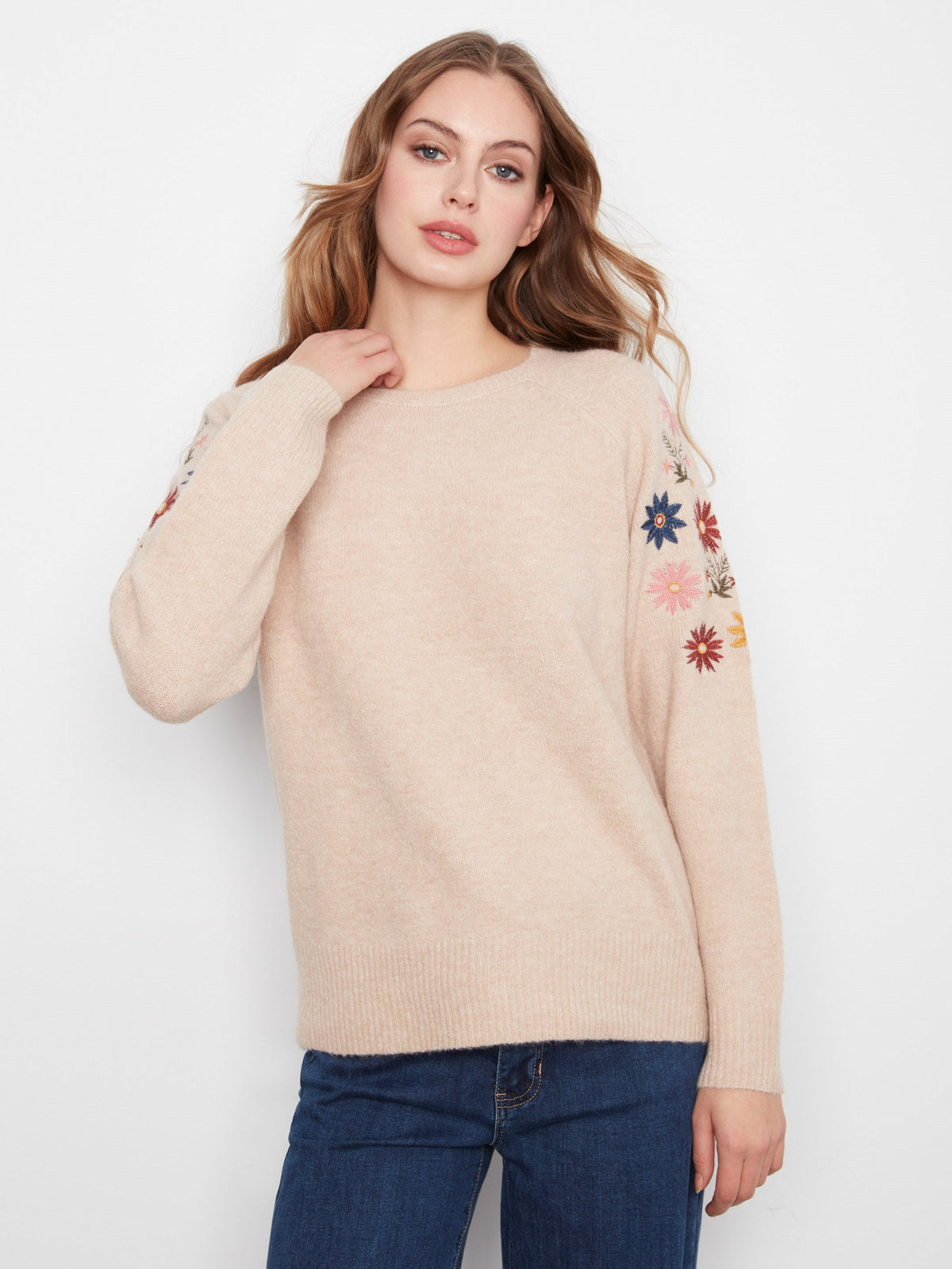 Floral Embroidered Raglan Sweater - Heather Almond