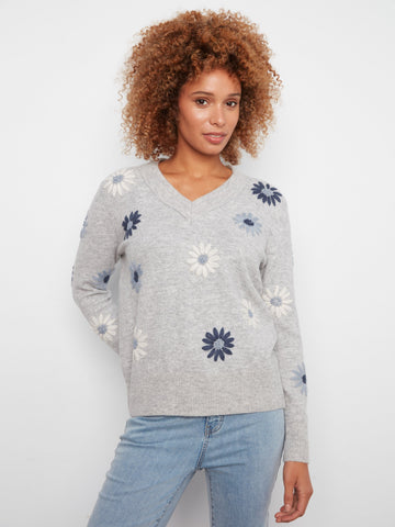 Floral Embroidered V-Neck Sweater - Heather Grey