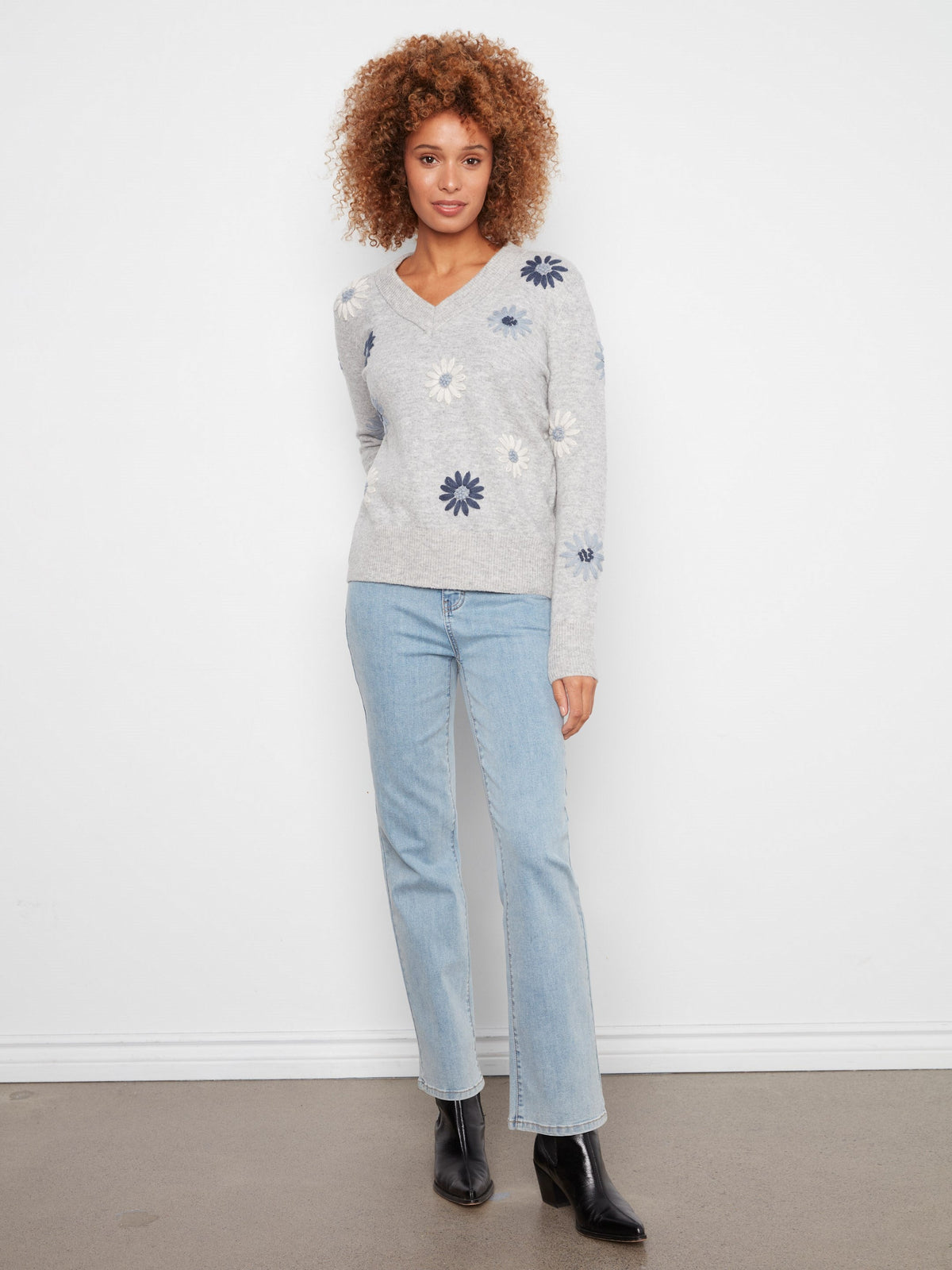 Floral Embroidered V-Neck Sweater - Heather Grey