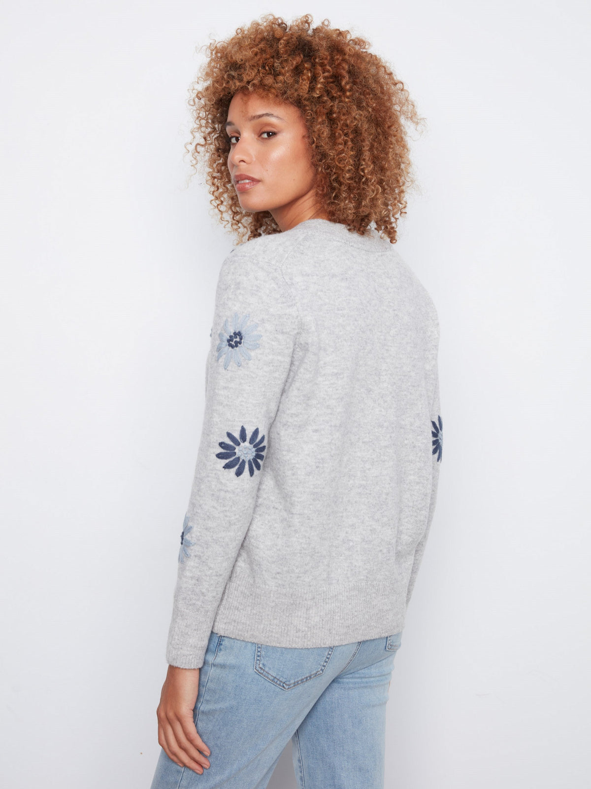 Floral Embroidered V-Neck Sweater - Heather Grey