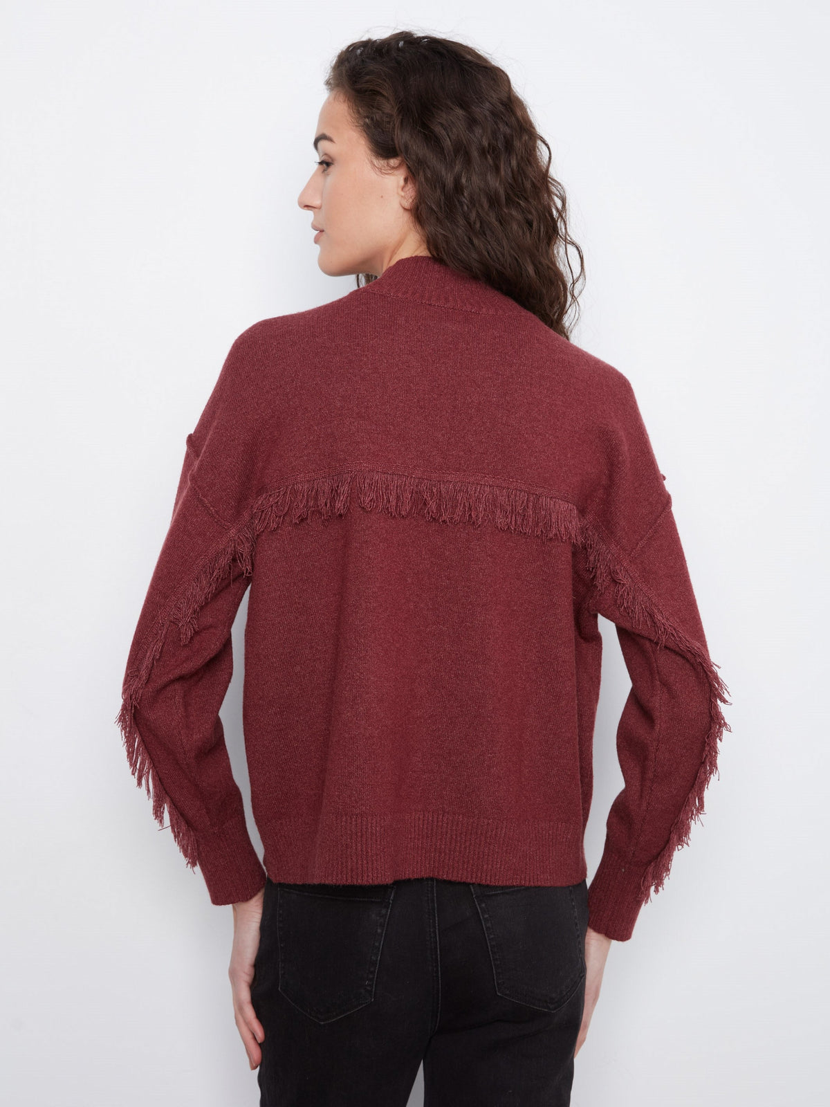 Fringe Detail Mock Neck Sweater - Heather Merlot