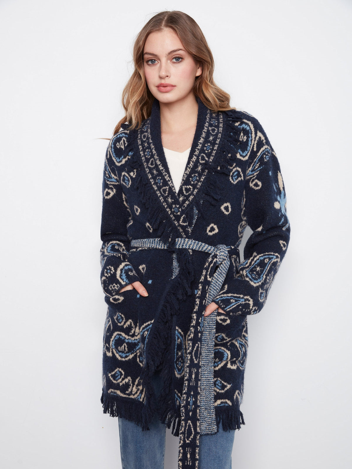 Fringed Belted Cardigan - Navy