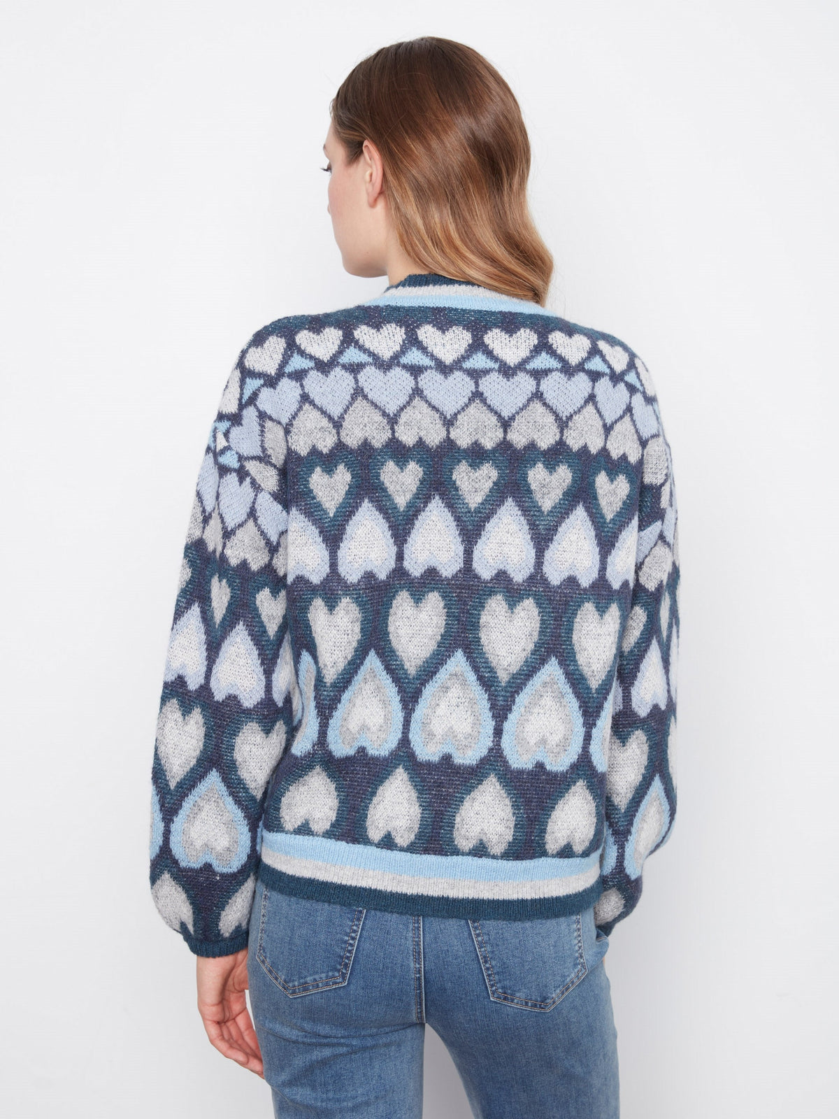 Heart Jacquard Mock Neck Sweater - Navy