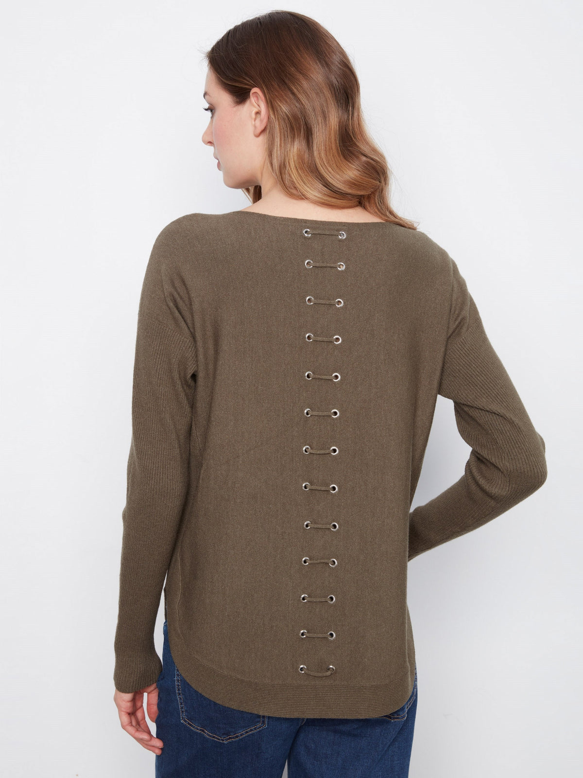 Knit Sweater With Back Lace-Up Detail - Heather Moss