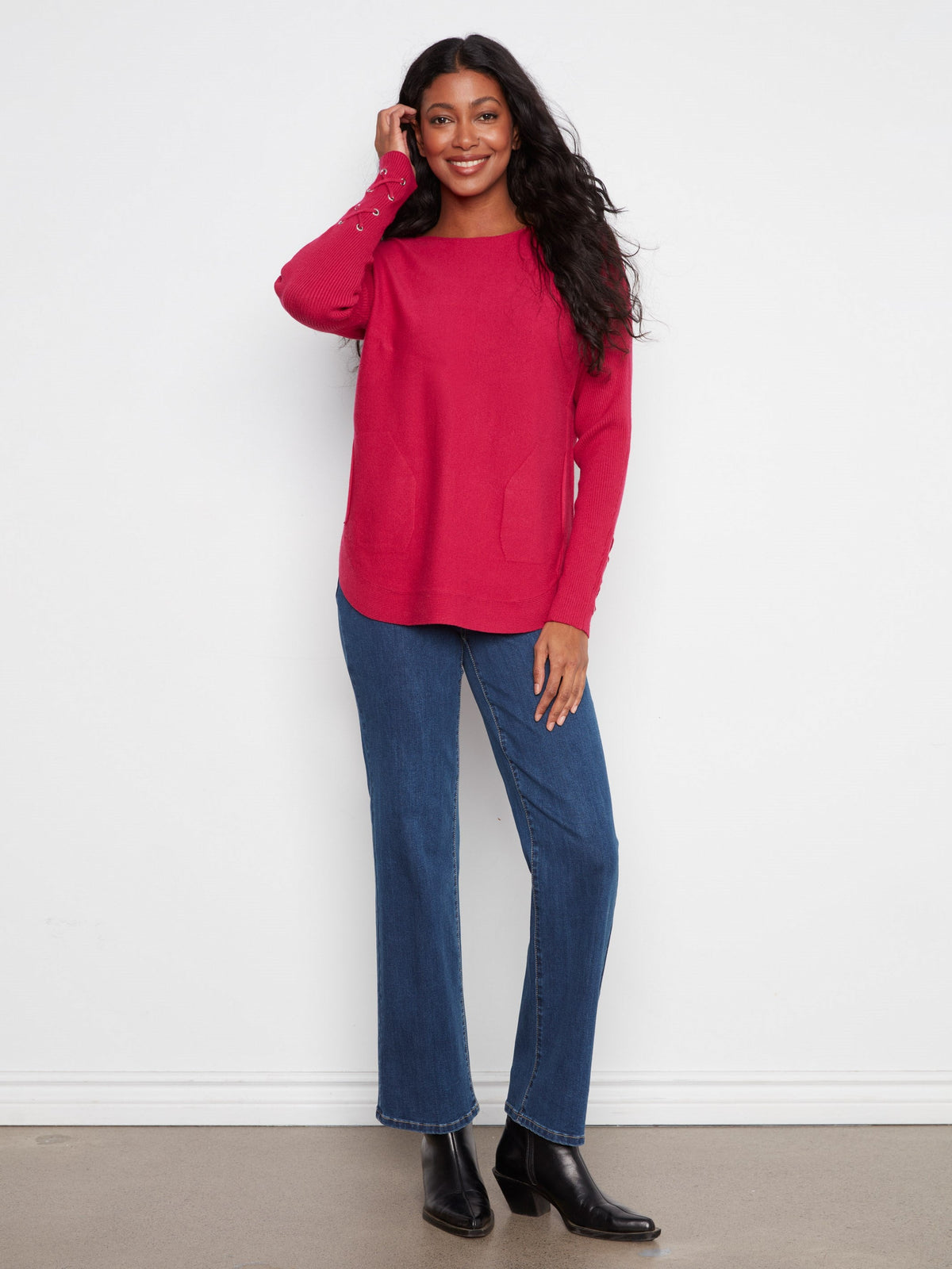 Knit Sweater With Lace-Up Cuffs - Cherry