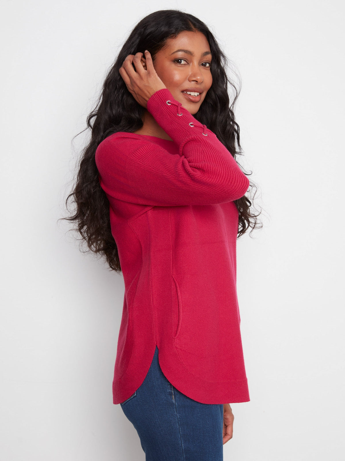 Knit Sweater With Lace-Up Cuffs - Cherry