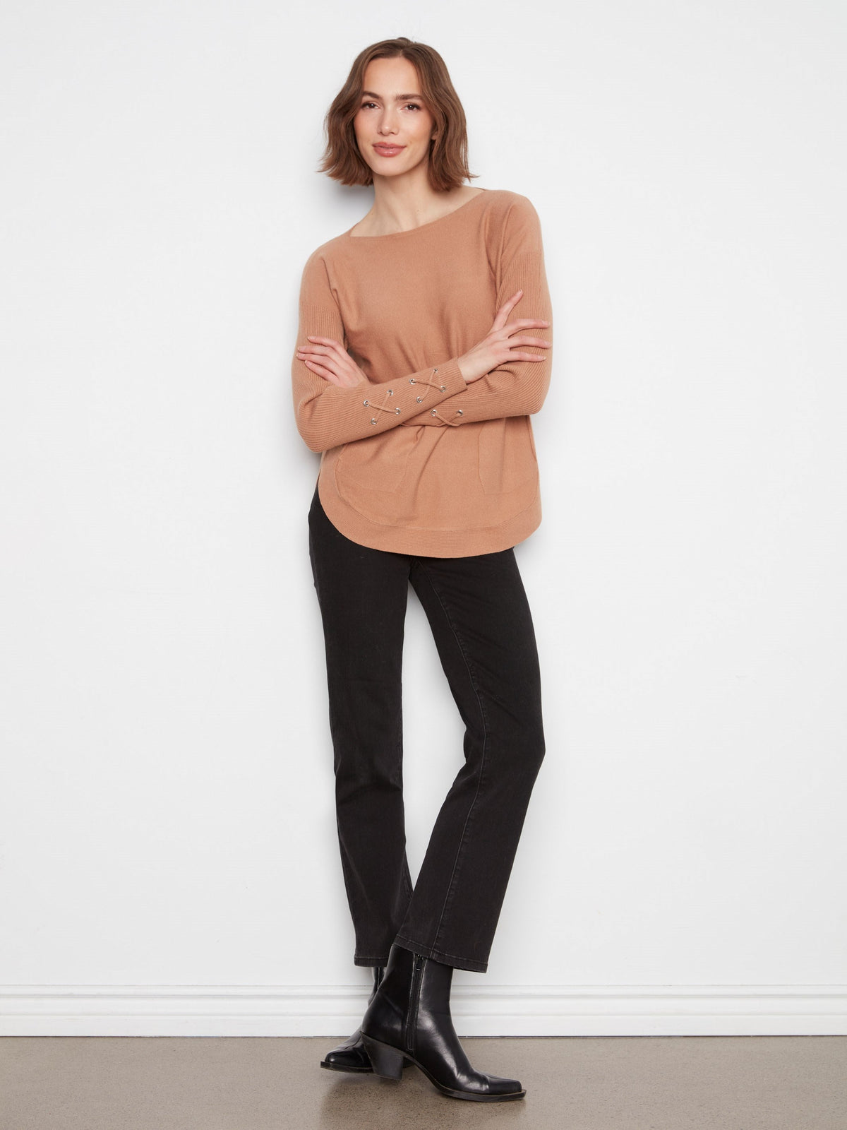 Knit Sweater With Lace-Up Cuffs - Truffle