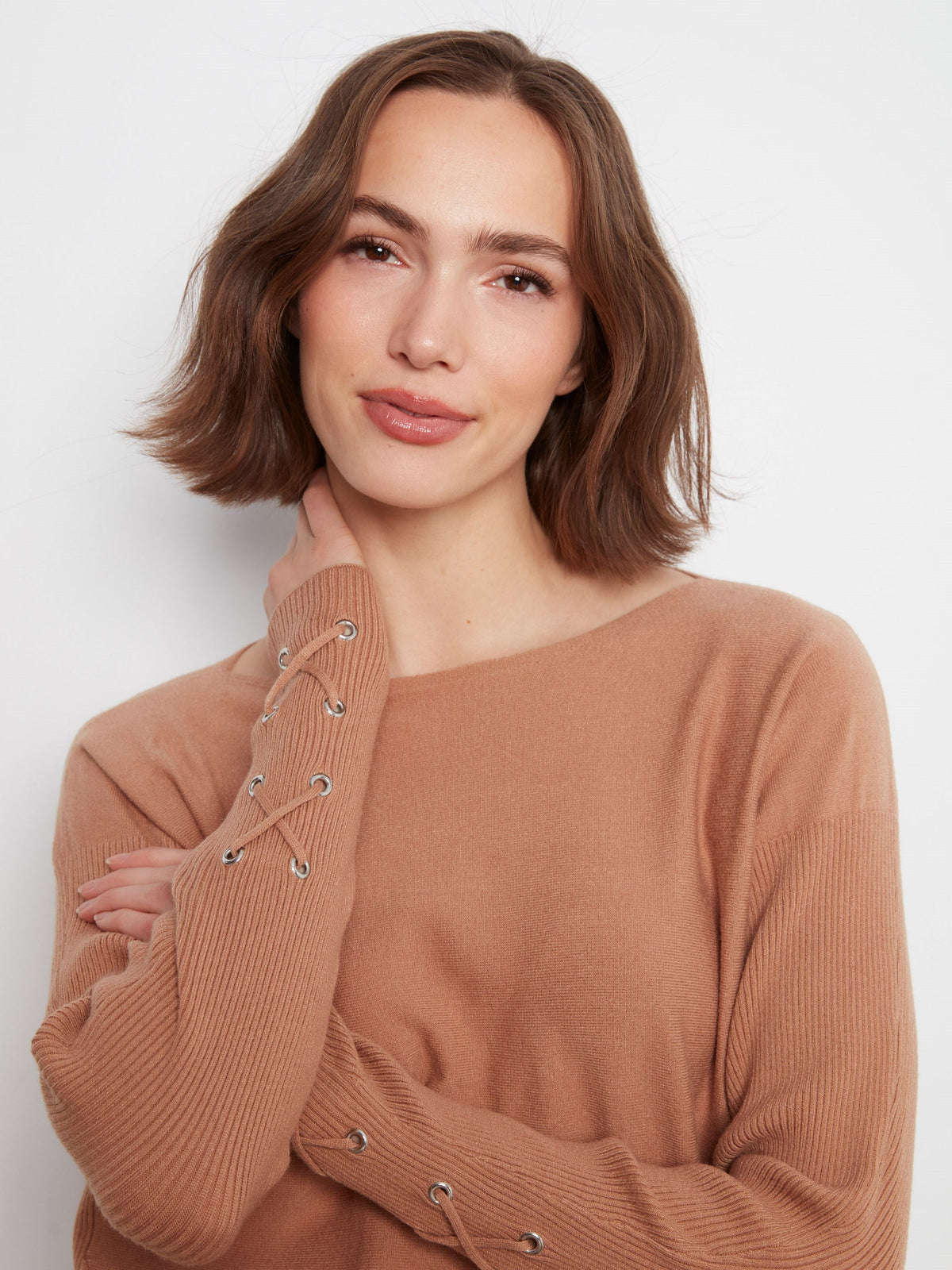 Knit Sweater With Lace-Up Cuffs - Truffle