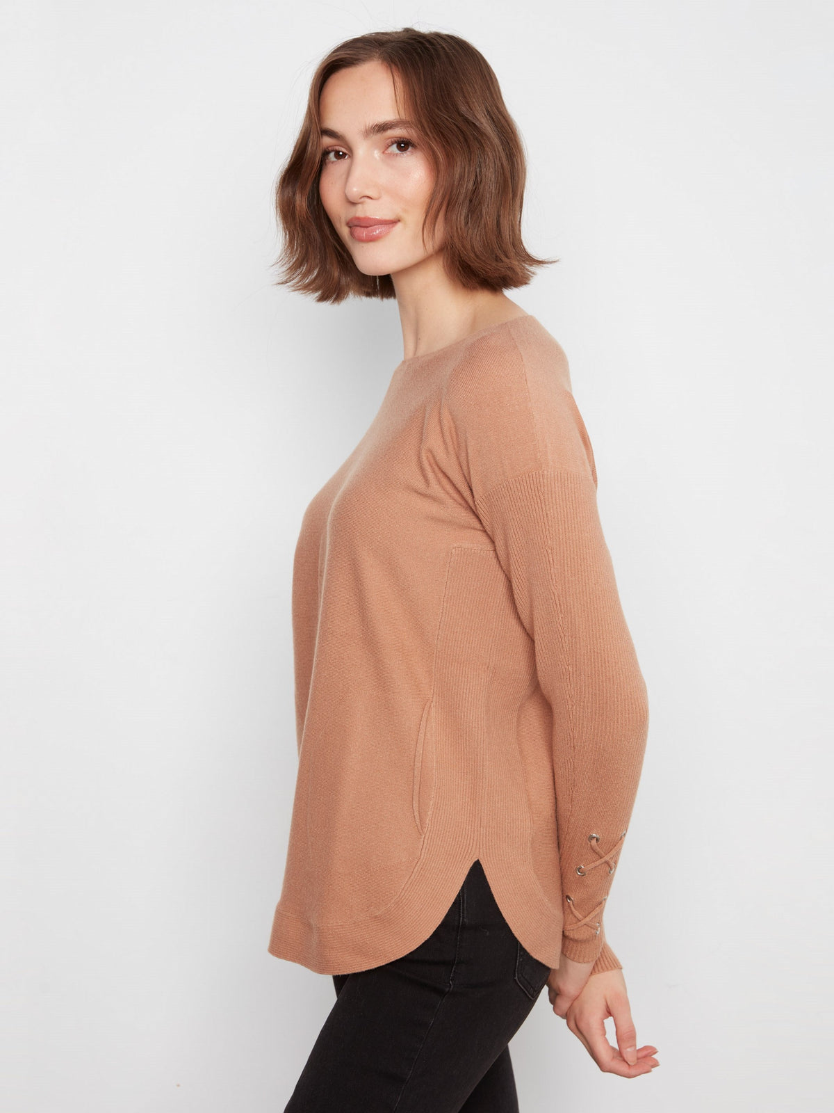 Knit Sweater With Lace-Up Cuffs - Truffle