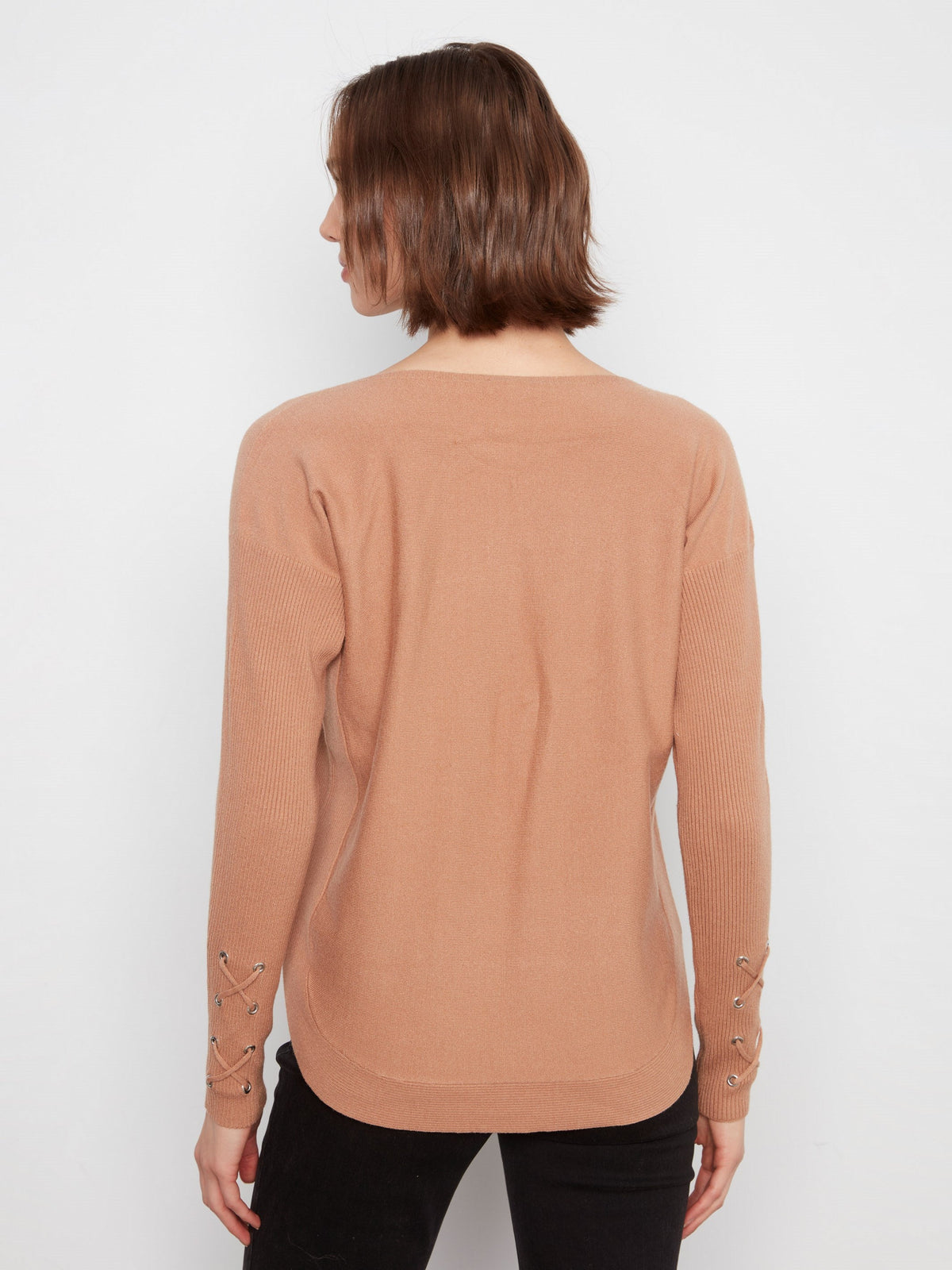 Knit Sweater With Lace-Up Cuffs - Truffle