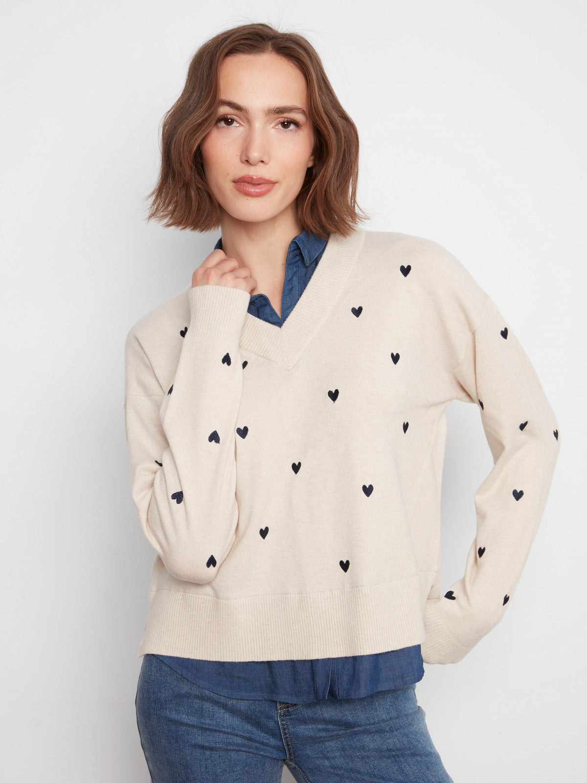 Layered Shirt Sweater With Embroidered Hearts - Heather Oat