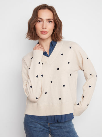 Layered Shirt Sweater With Embroidered Hearts - Heather Oat