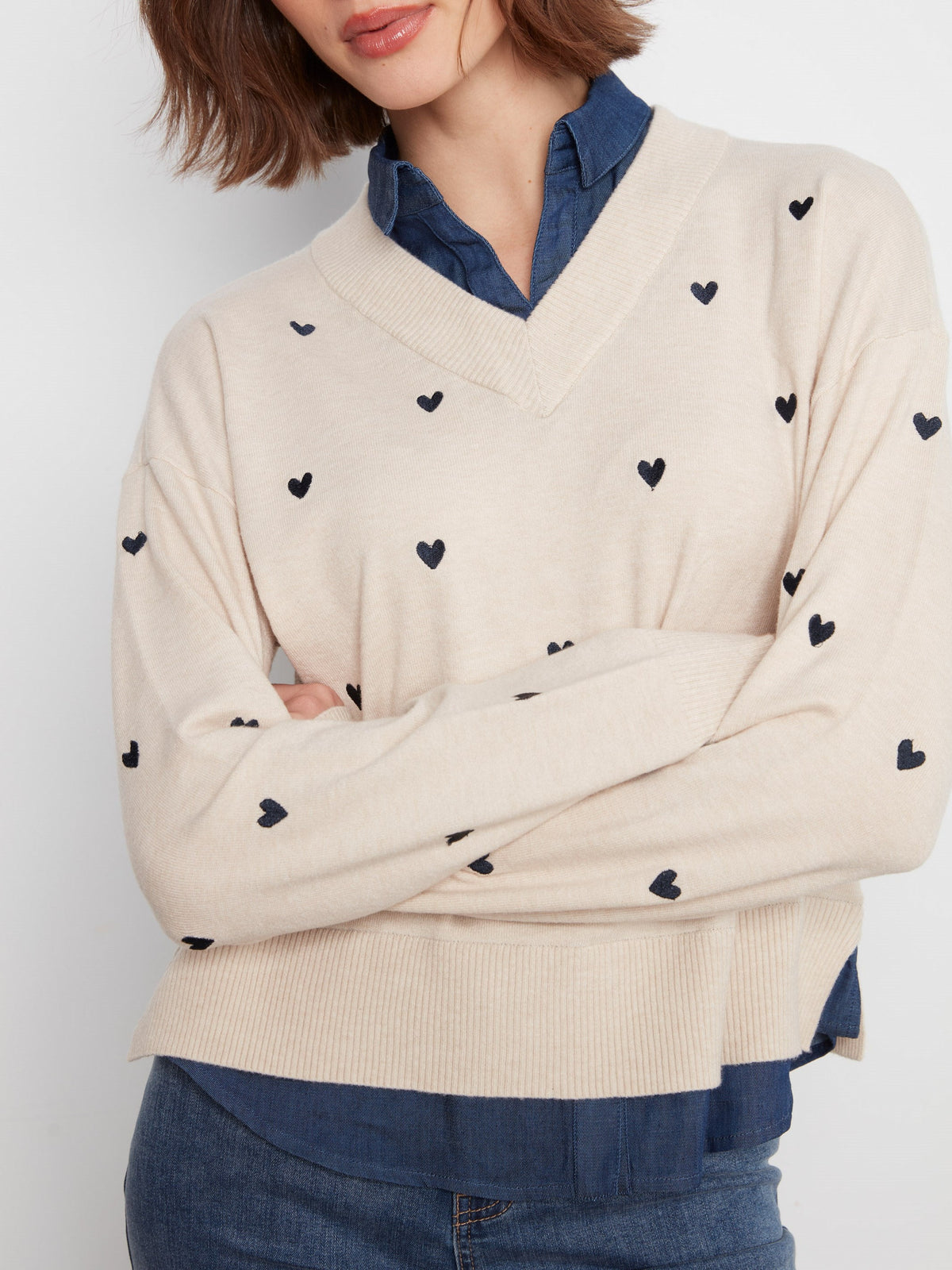 Layered Shirt Sweater With Embroidered Hearts - Heather Oat