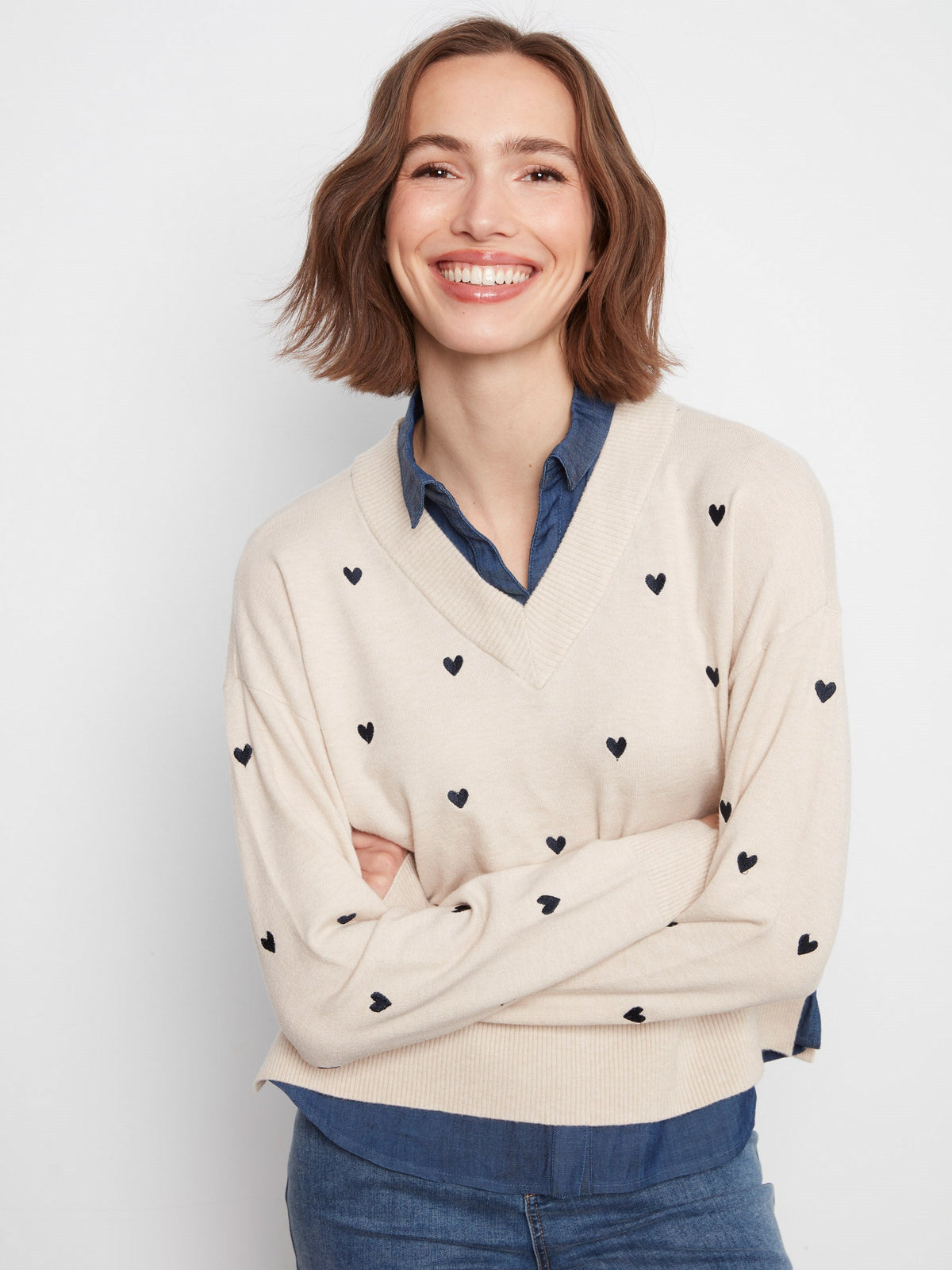 Layered Shirt Sweater With Embroidered Hearts - Heather Oat