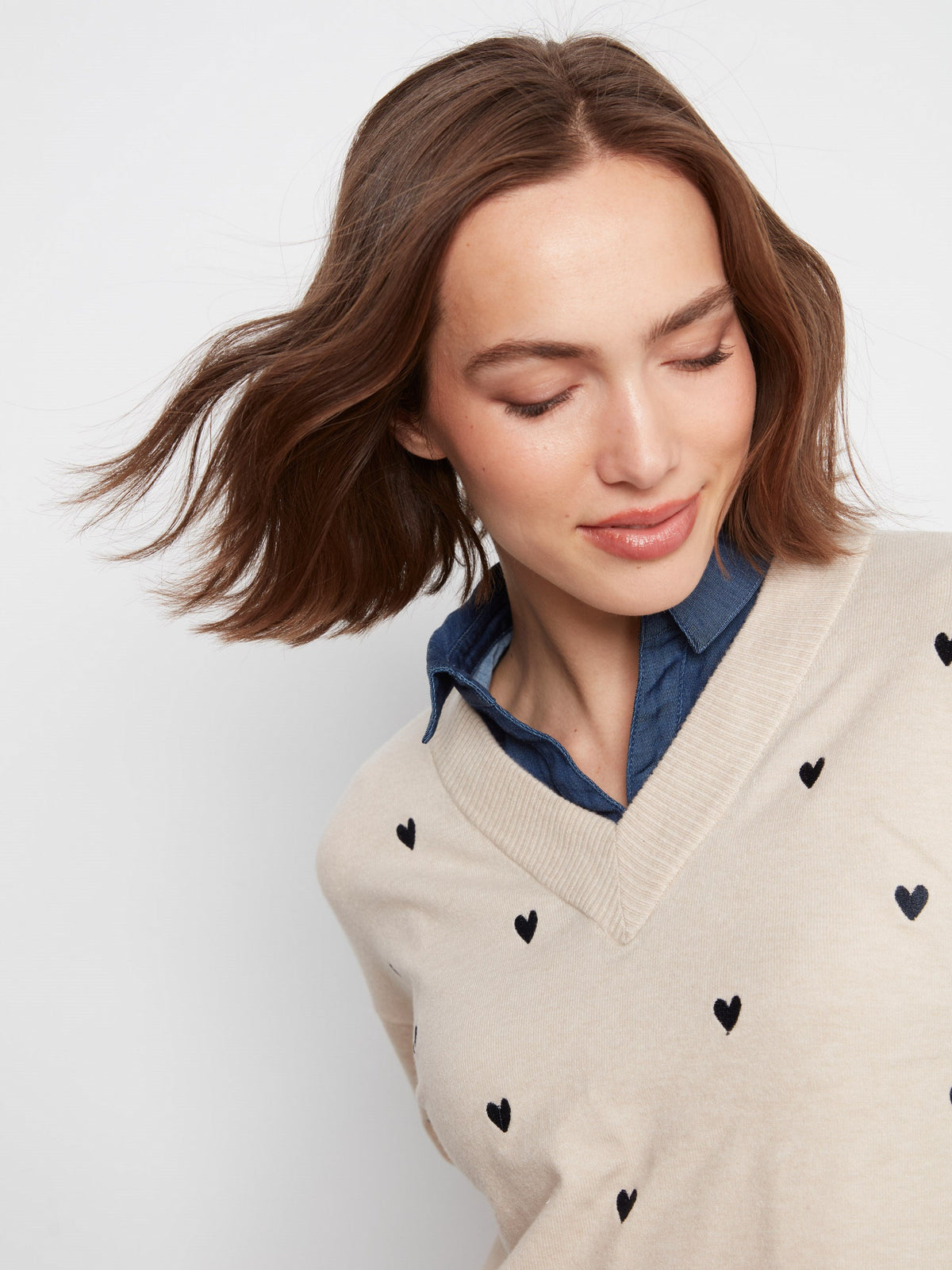 Layered Shirt Sweater With Embroidered Hearts - Heather Oat