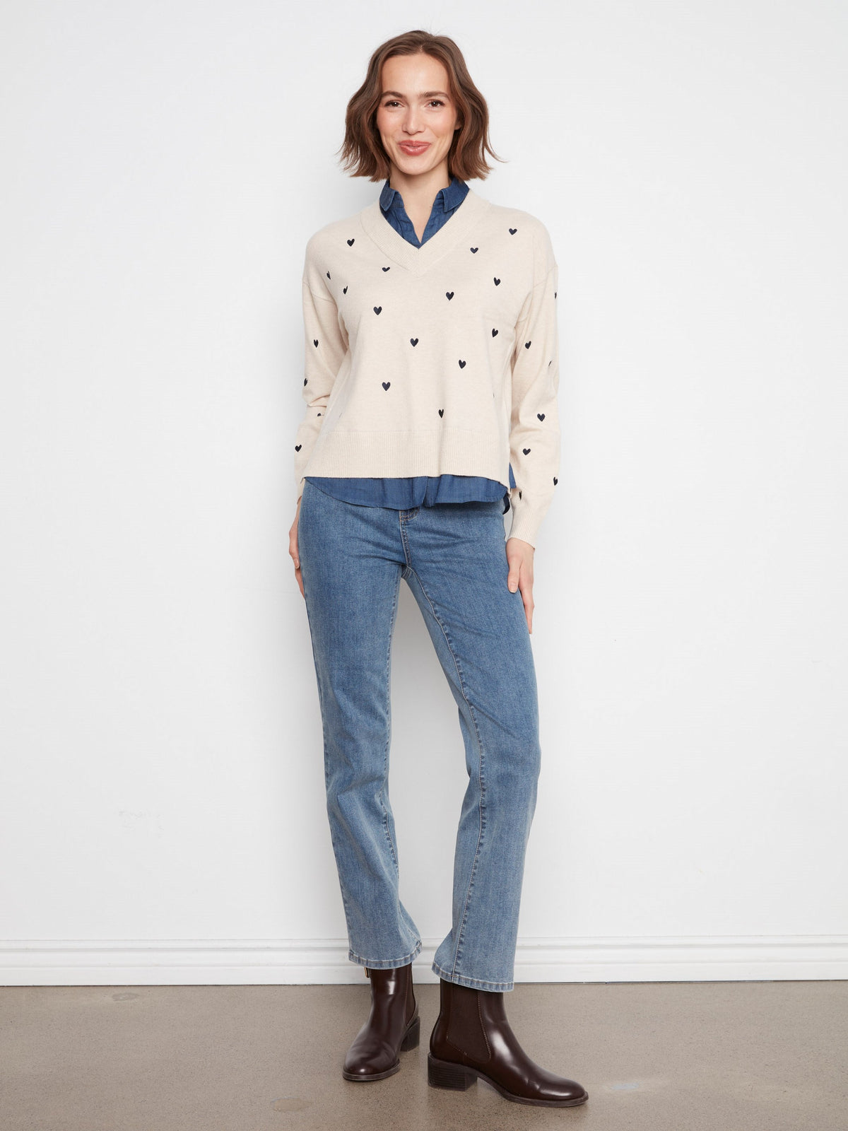 Layered Shirt Sweater With Embroidered Hearts - Heather Oat
