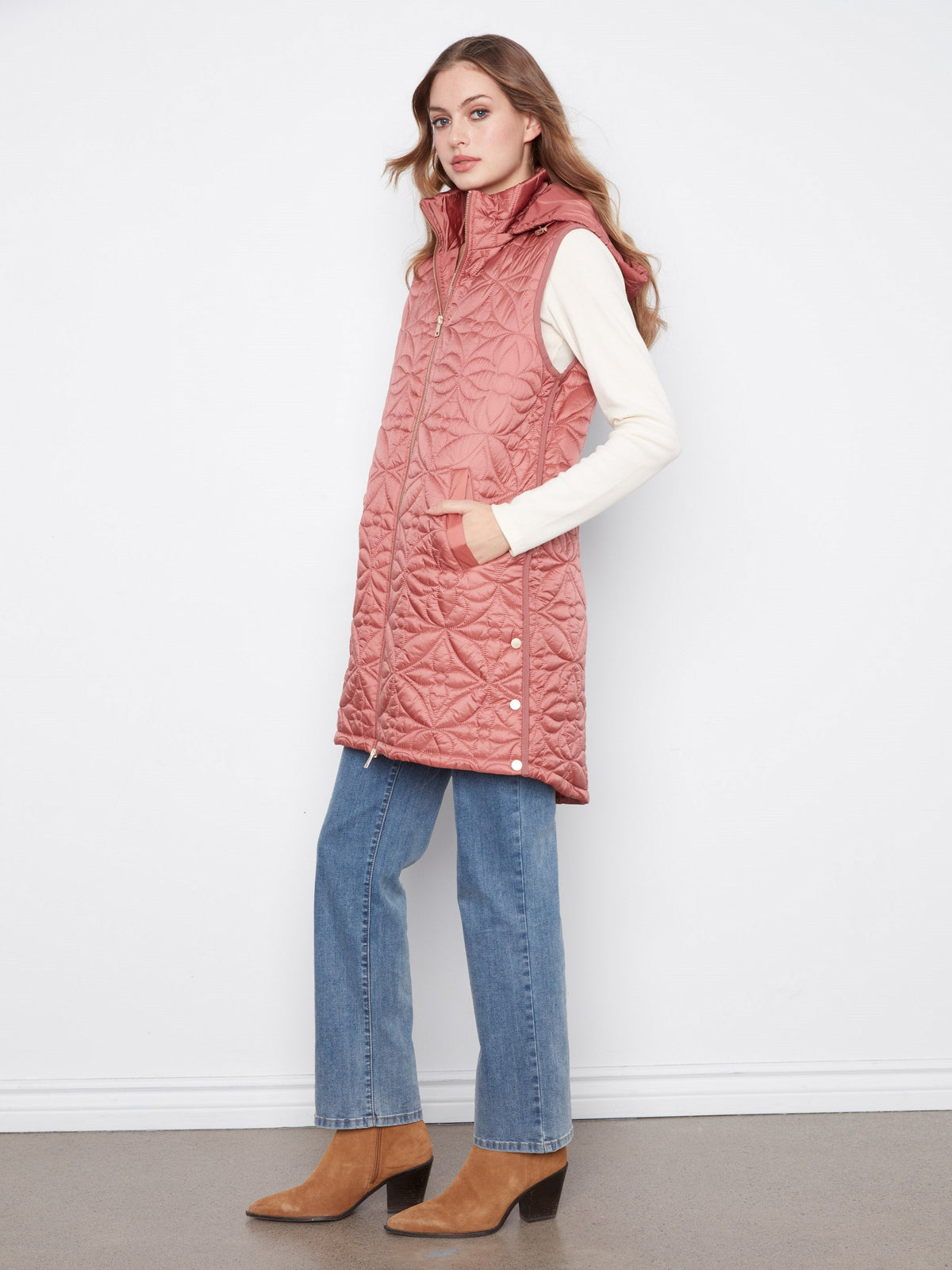 Long Hooded Puffer Vest - Rosebud