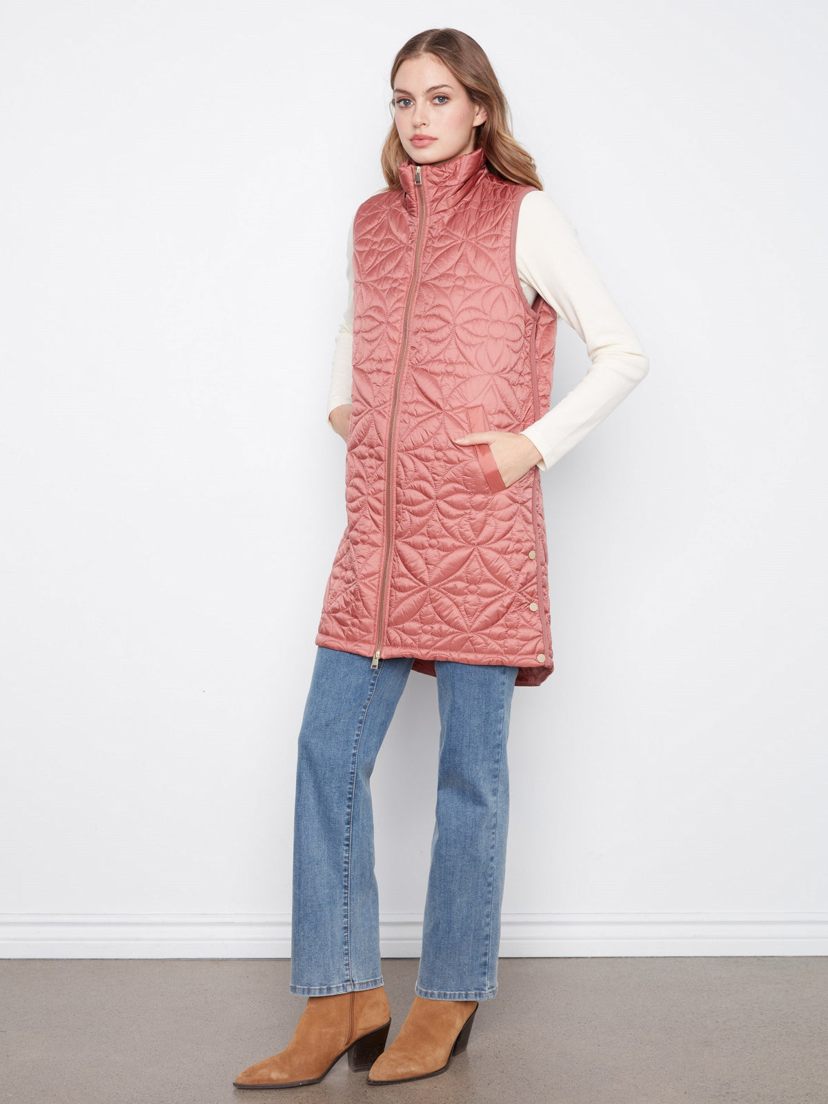 Long Hooded Puffer Vest - Rosebud