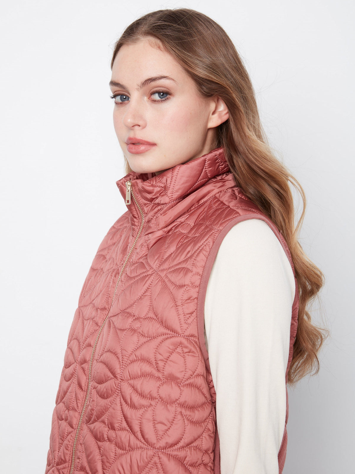 Long Hooded Puffer Vest - Rosebud