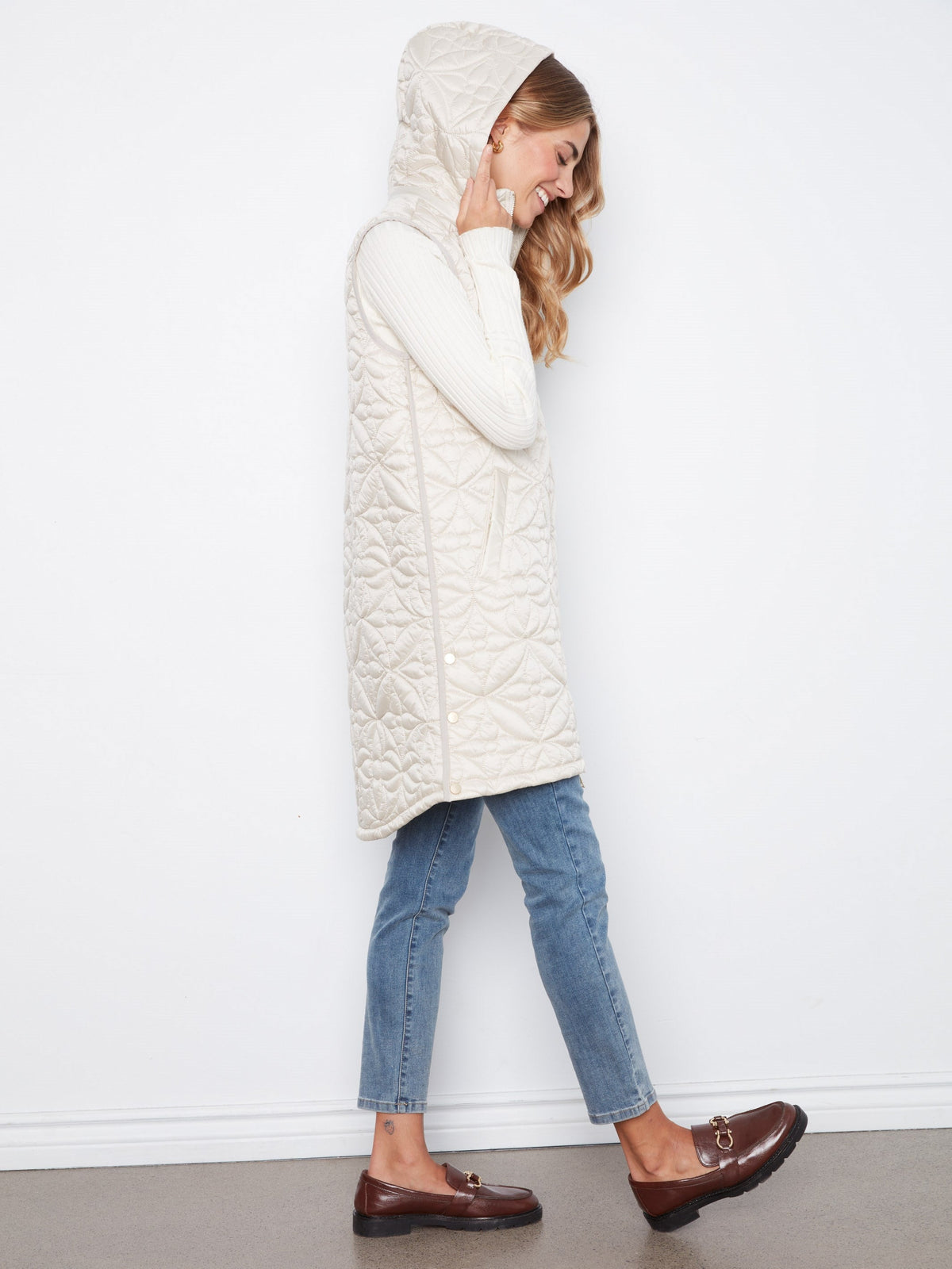 Long Hooded Puffer Vest - Pearl