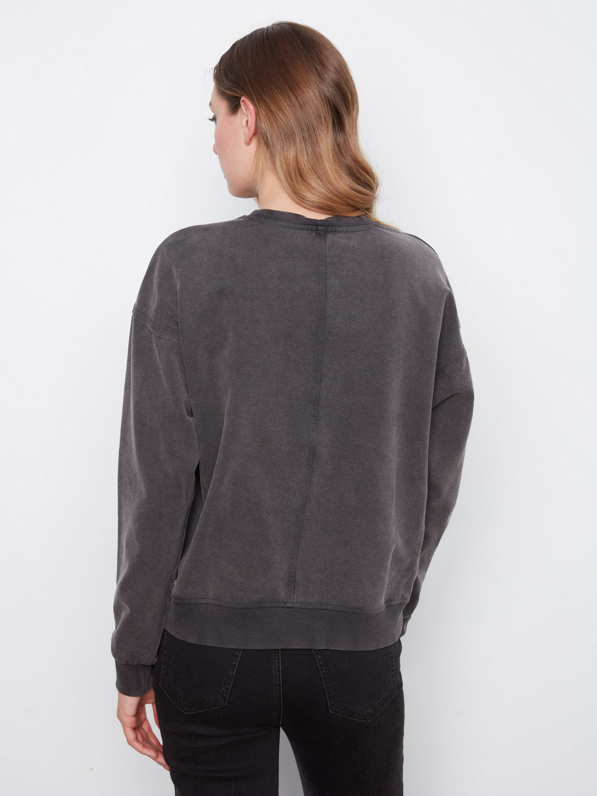 Long Sleeve Top With Flower Appliqué - Charcoal