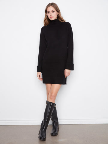 Mock Neck Sweater Dress - Black