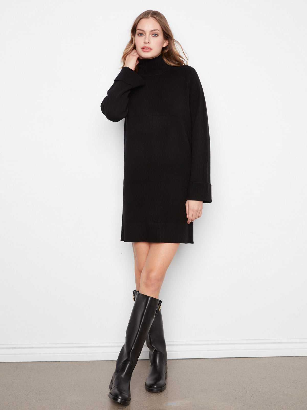 Mock Neck Sweater Dress - Black