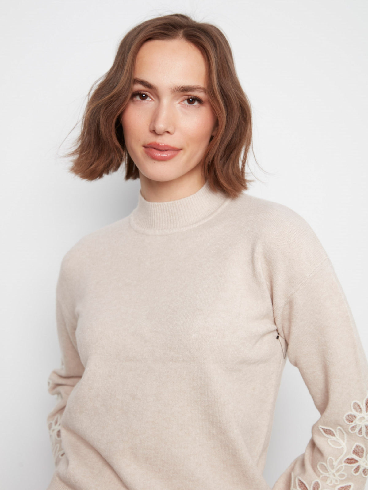 Mock Neck Sweater With Embroidered Flowers - Heather Almond