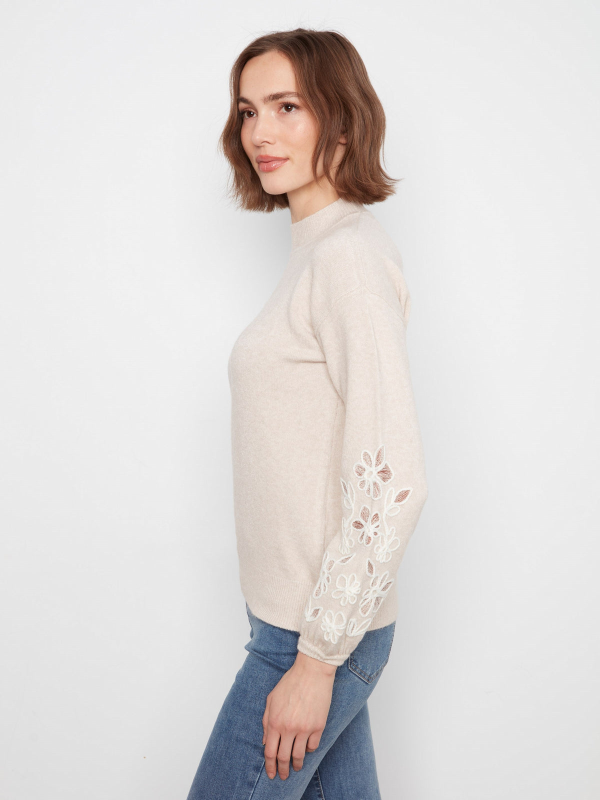 Mock Neck Sweater With Embroidered Flowers - Heather Almond