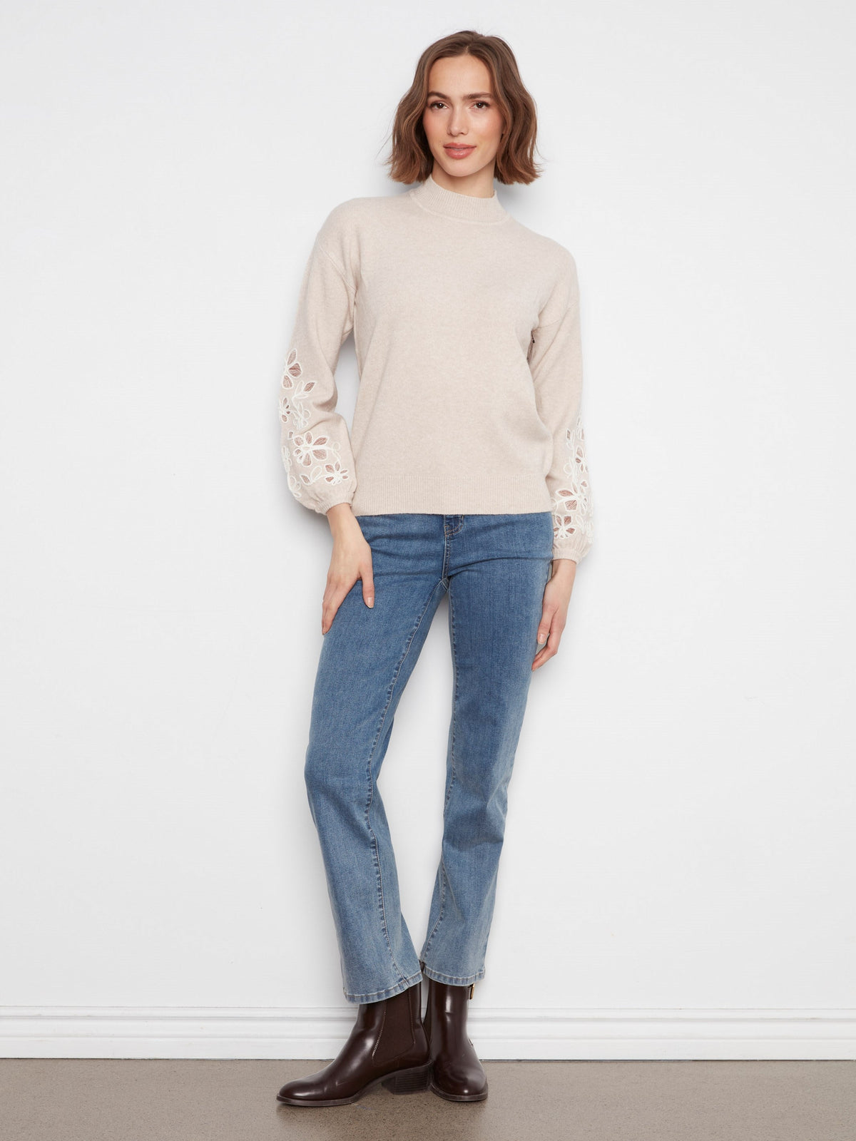 Mock Neck Sweater With Embroidered Flowers - Heather Almond
