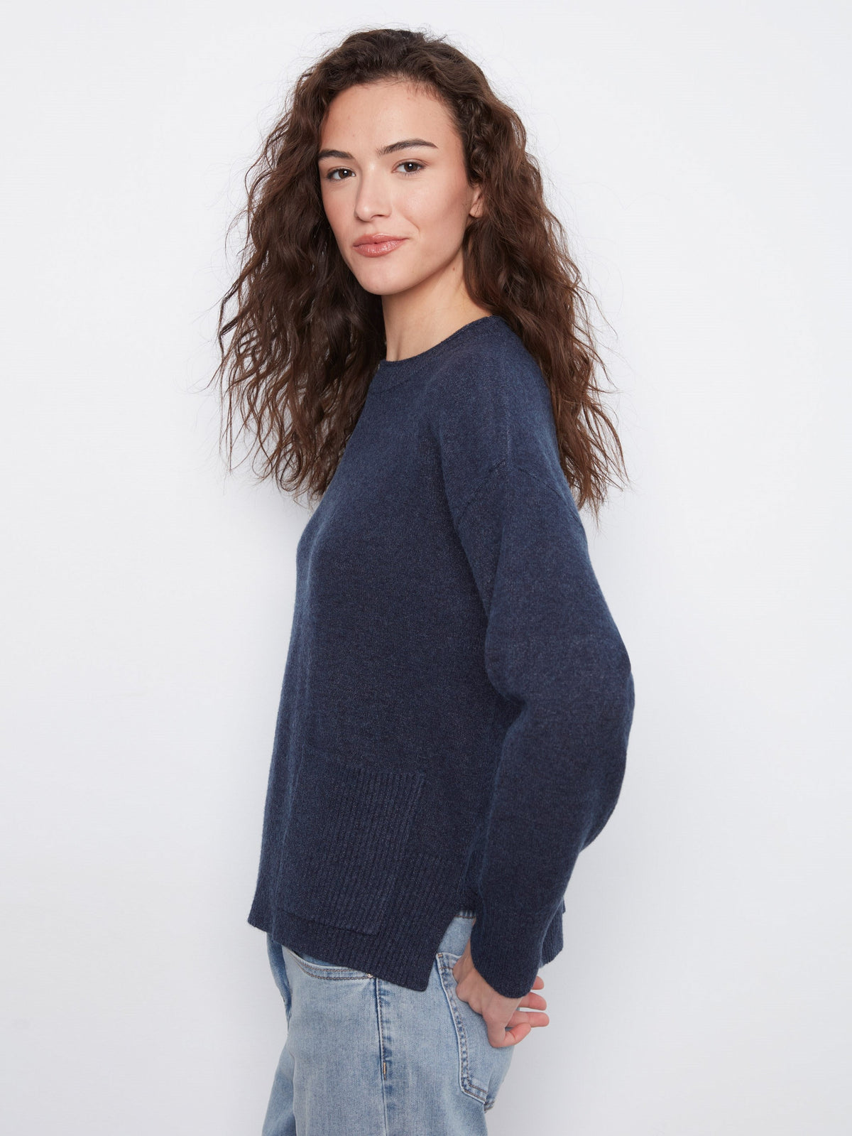 Patch Pocket Crew Neck Sweater - Heather Denim