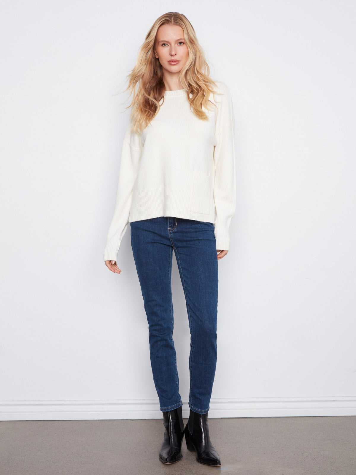 Patch Pocket Crew Neck Sweater - Ecru