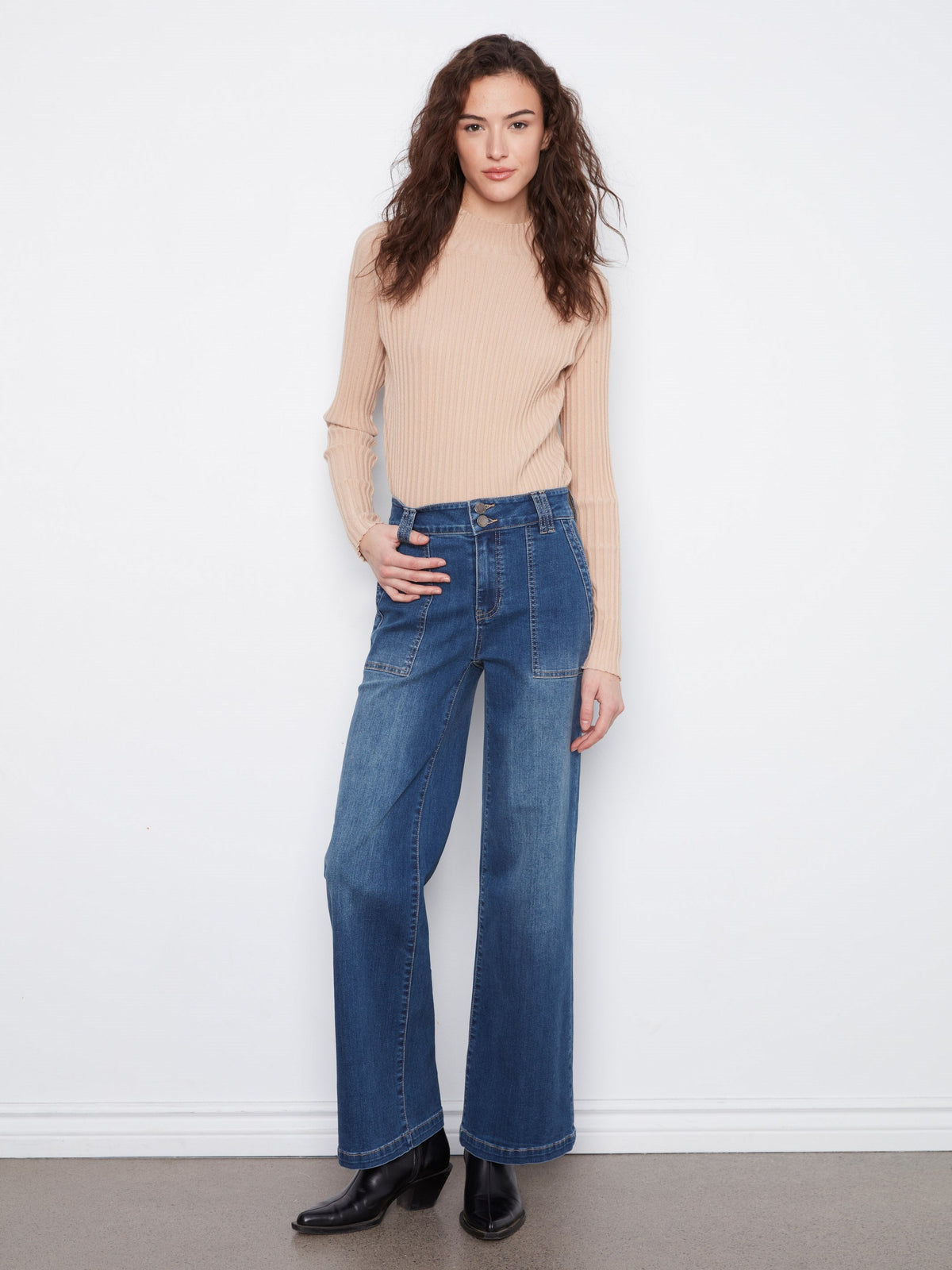 Patch Pocket Wide Leg Jeans With Double Button Waistband - Washed Indigo