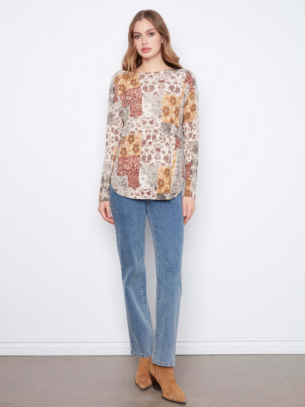 Printed Rounded Hem Sweater - Quilt