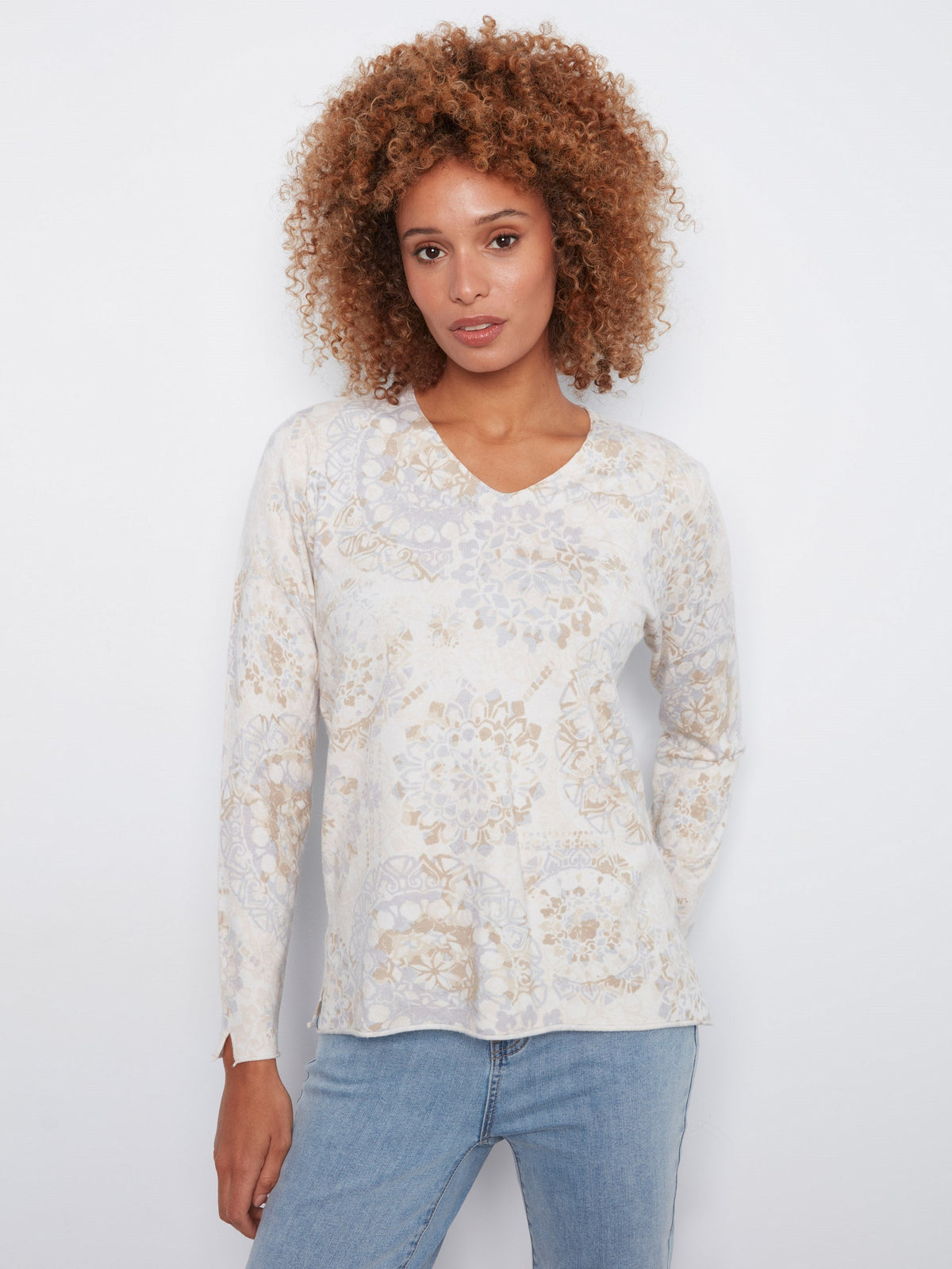 Printed V-Neck Sweater - Timeless