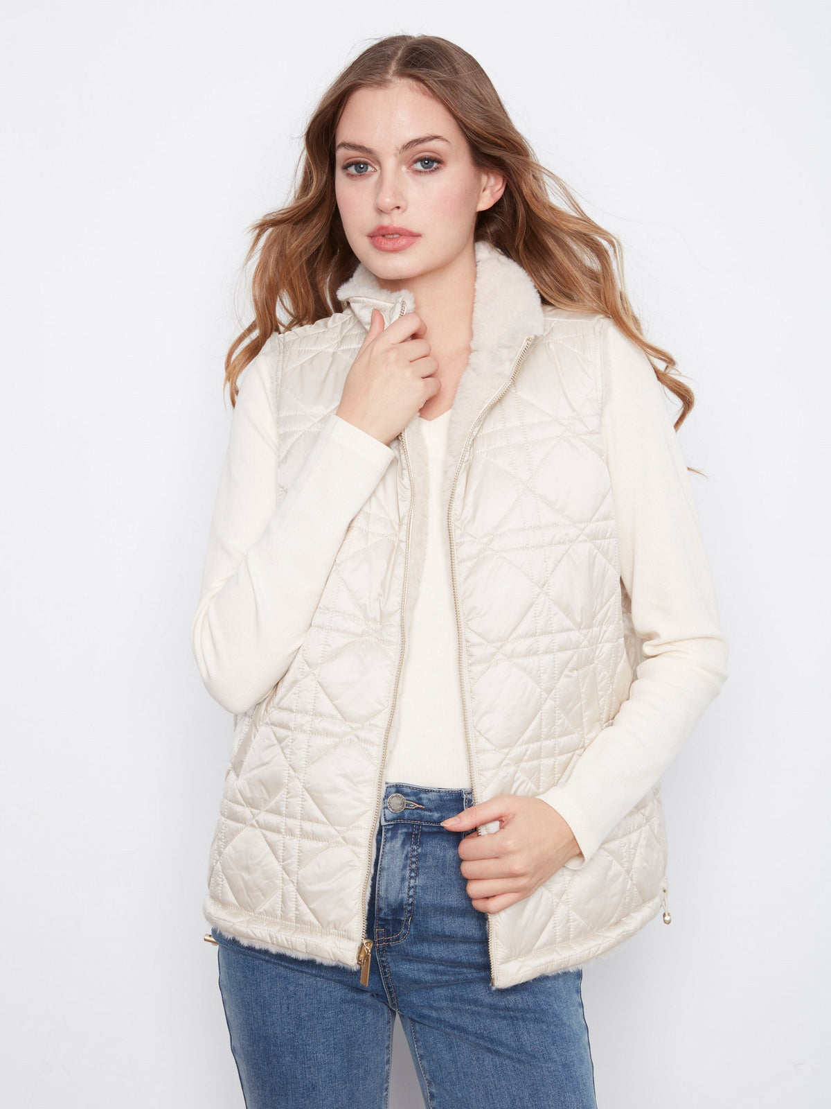 Reversible Faux Fur Quilted Vest - Pearl
