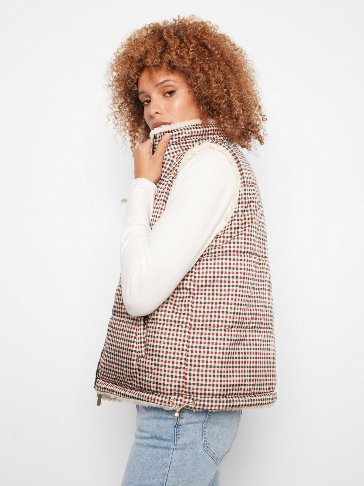 Reversible Plaid Quilted Sherpa Vest - Merlot
