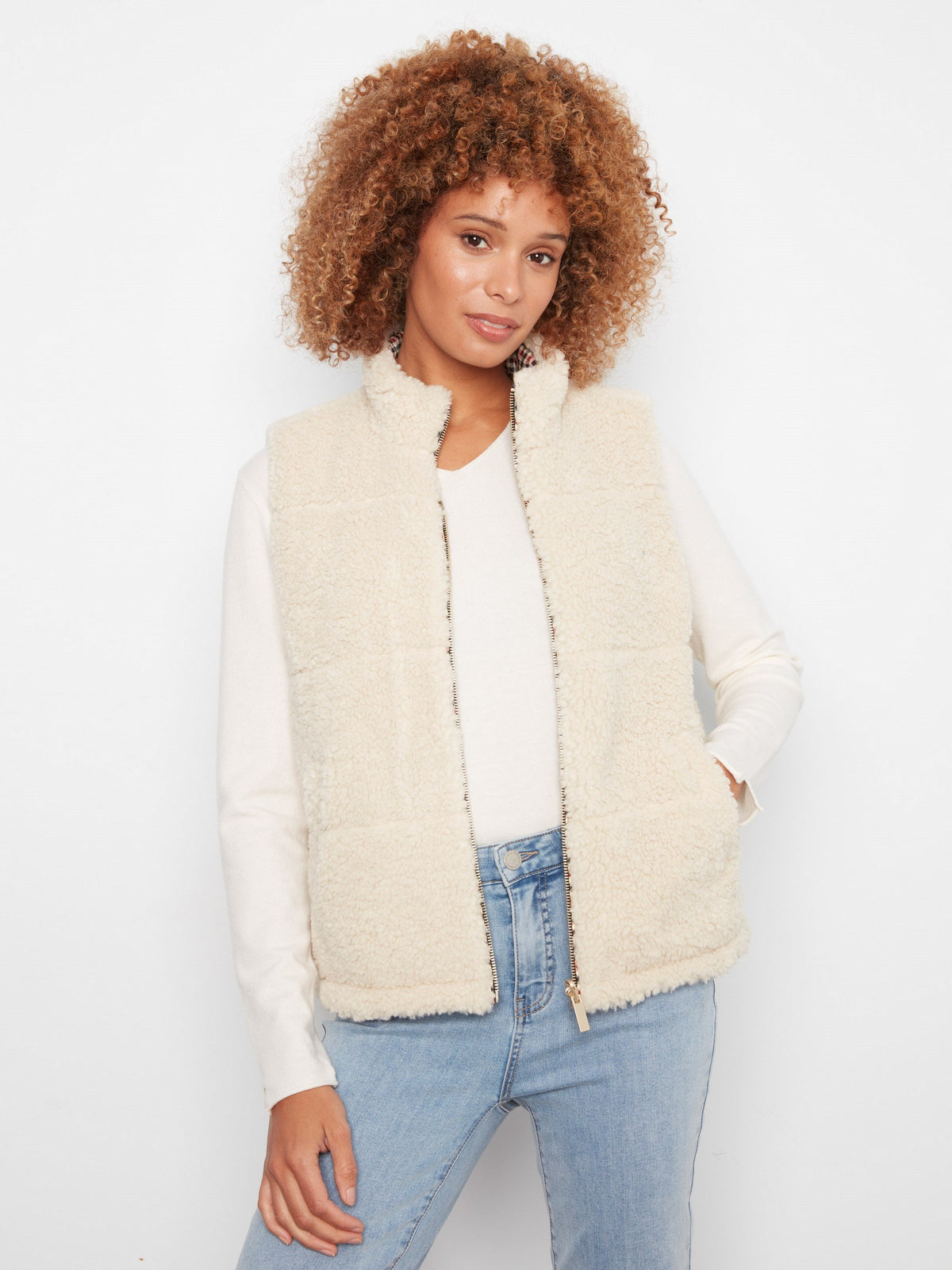 Reversible Plaid Quilted Sherpa Vest - Merlot