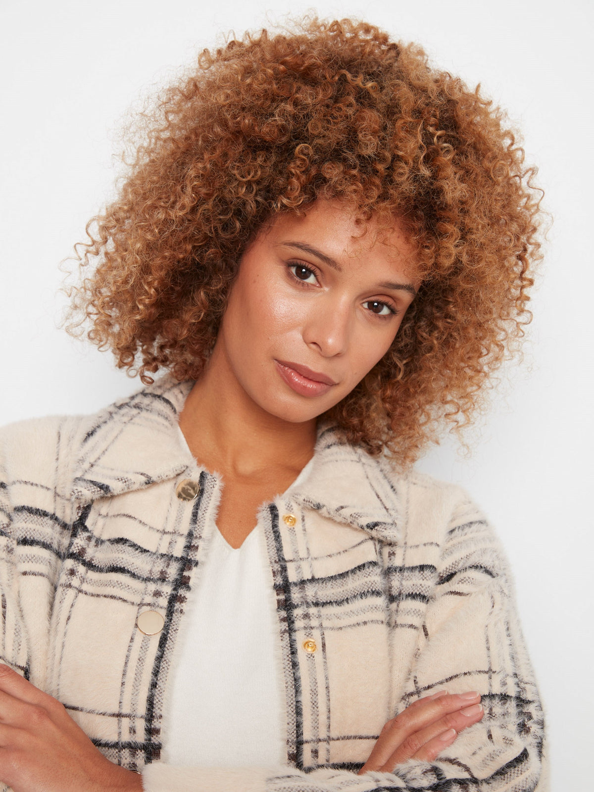Short Plaid Knit Jacket - Oatmeal