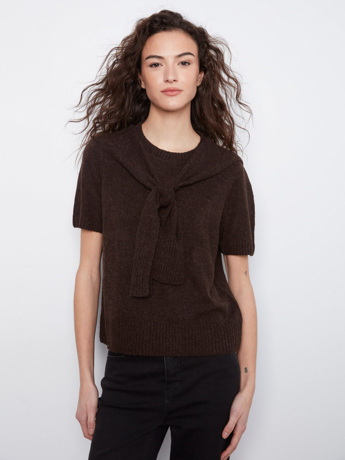 Short Sleeve Sweater With Sleeve Detail - Coffee