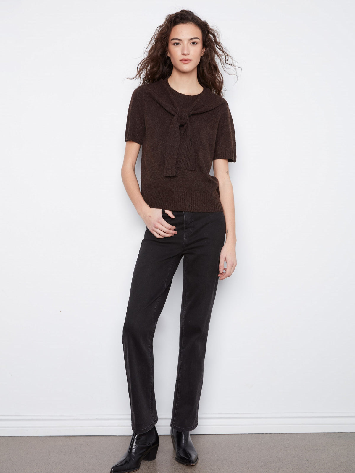 Short Sleeve Sweater With Sleeve Detail - Coffee