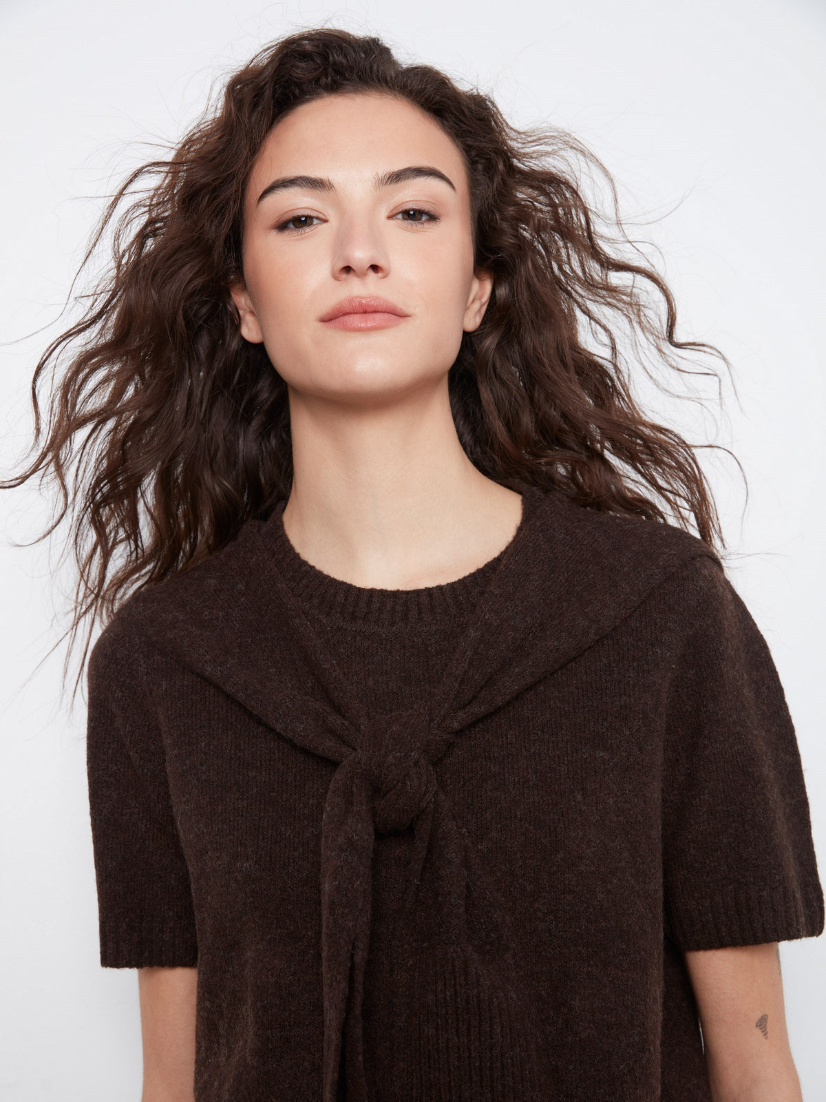 Short Sleeve Sweater With Sleeve Detail - Coffee